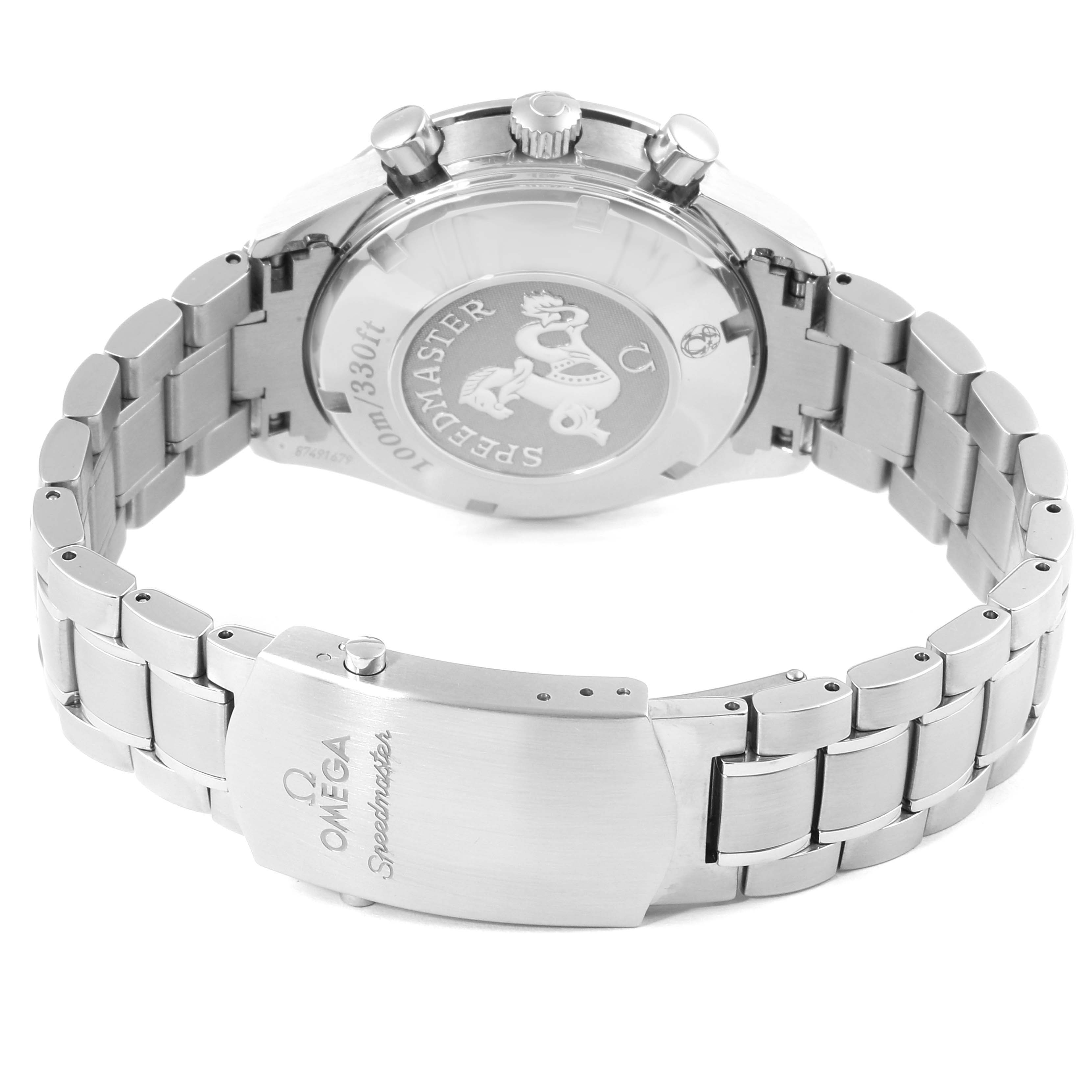 This image shows the back case and bracelet of an Omega Speedmaster 323.30.40.40.06.001 Men's Stainless Steel Grey Dial 323.30.40.40.06.001 Men's Stainless Steel Grey Dial watch, highlighting its clasp and engravings.