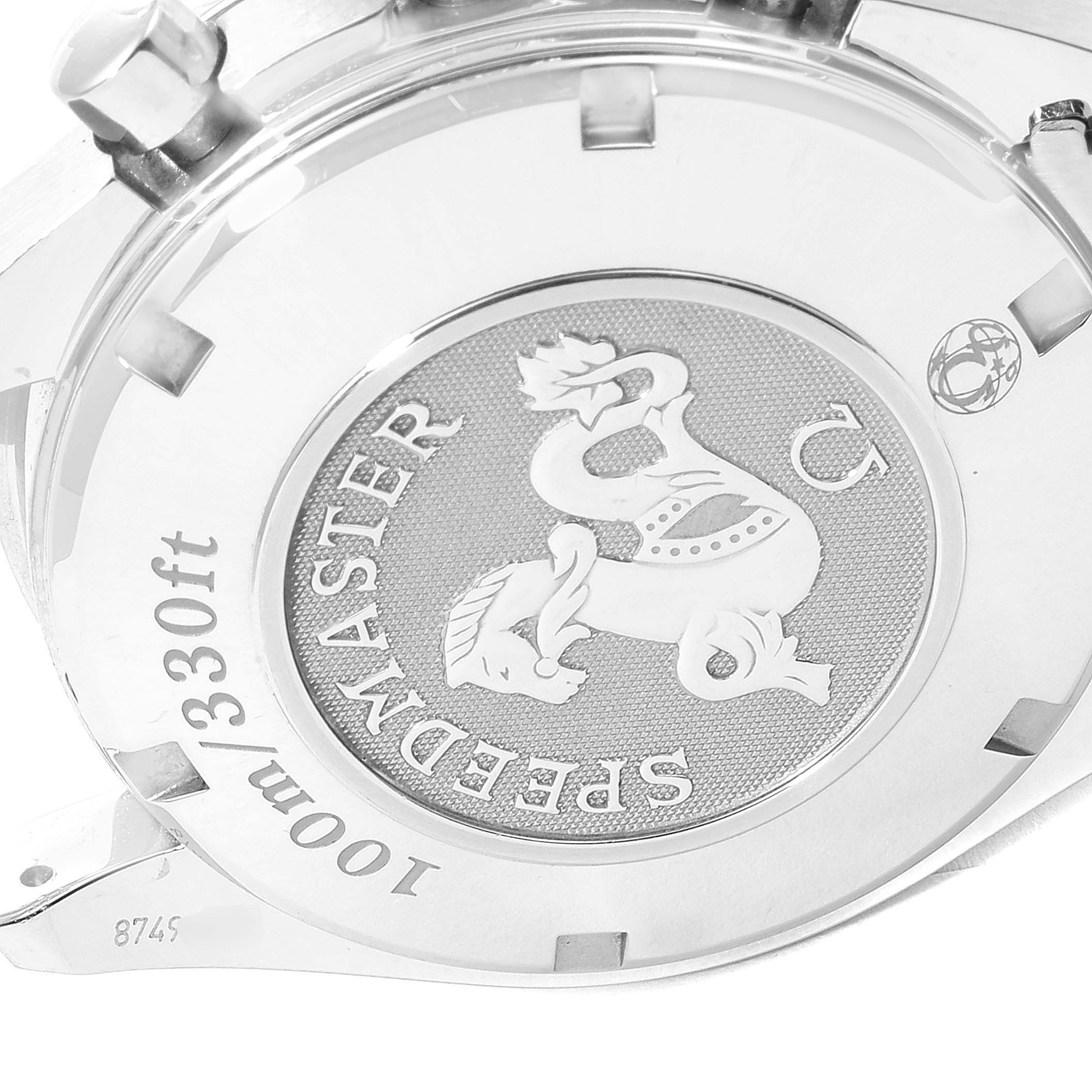 The image shows the case back of an Omega Speedmaster 323.30.40.40.06.001 Men's Stainless Steel Grey Dial 323.30.40.40.06.001 Men's Stainless Steel Grey Dial watch, highlighting the model name and water resistance.