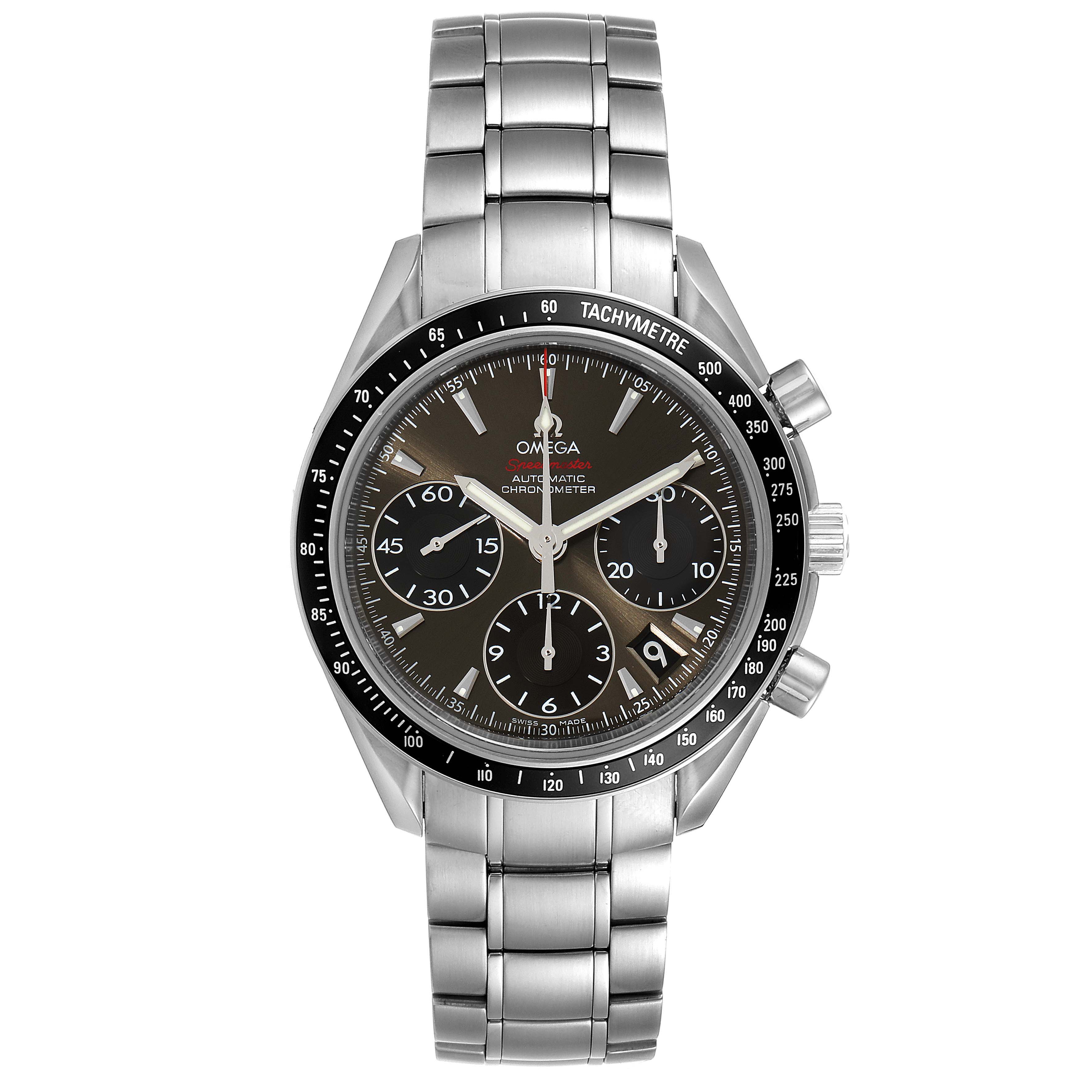 This image shows a frontal view of the Omega Speedmaster 323.30.40.40.06.001 Men's Stainless Steel Grey Dial 323.30.40.40.06.001 Men's Stainless Steel Grey Dial watch, highlighting its metal bracelet, tachymeter bezel, and chronograph subdials.