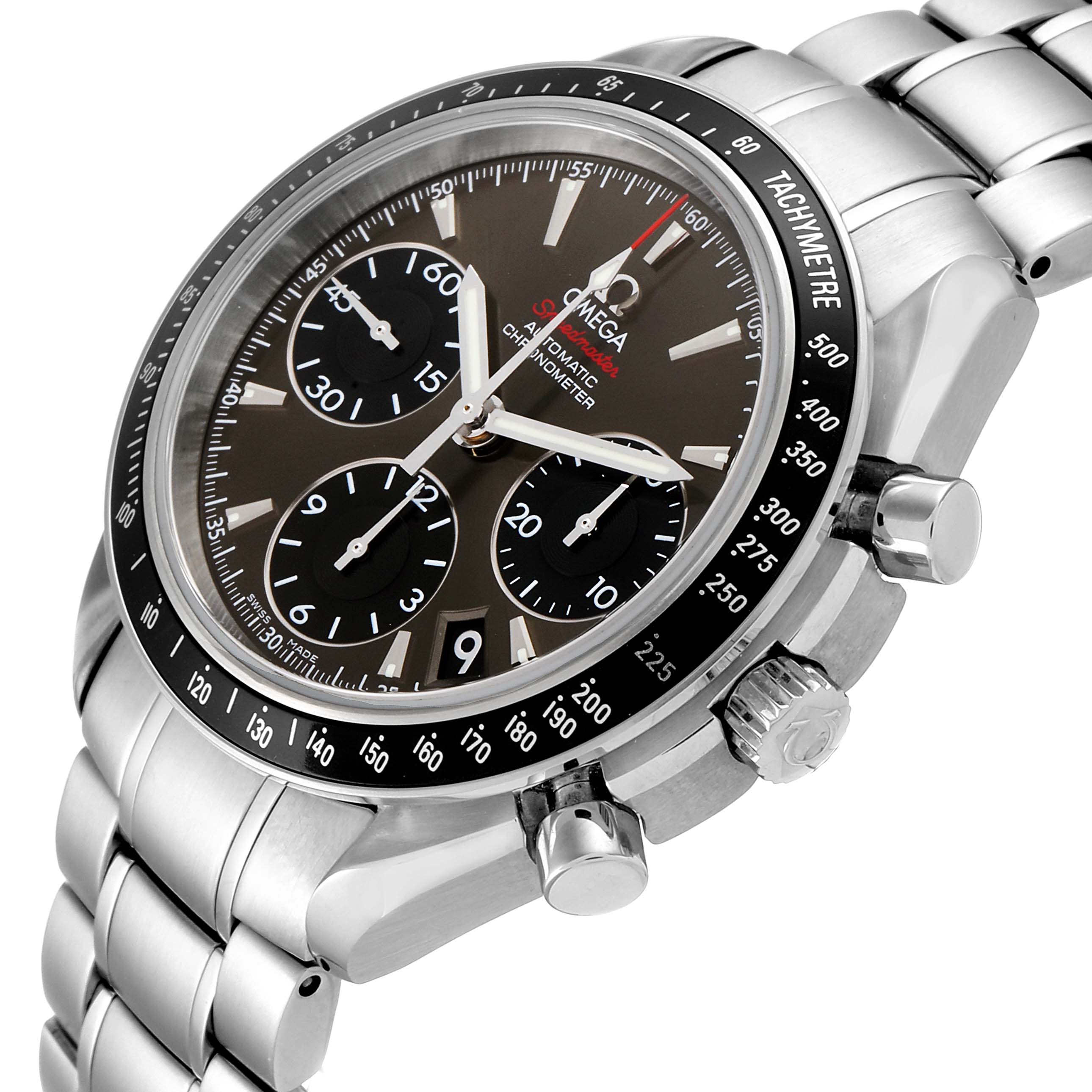 The Omega Speedmaster 323.30.40.40.06.001 Men's Stainless Steel Grey Dial 323.30.40.40.06.001 Men's Stainless Steel Grey Dial watch is shown from a three-quarter angle, highlighting the dial, tachymeter bezel, crown, and pushers.