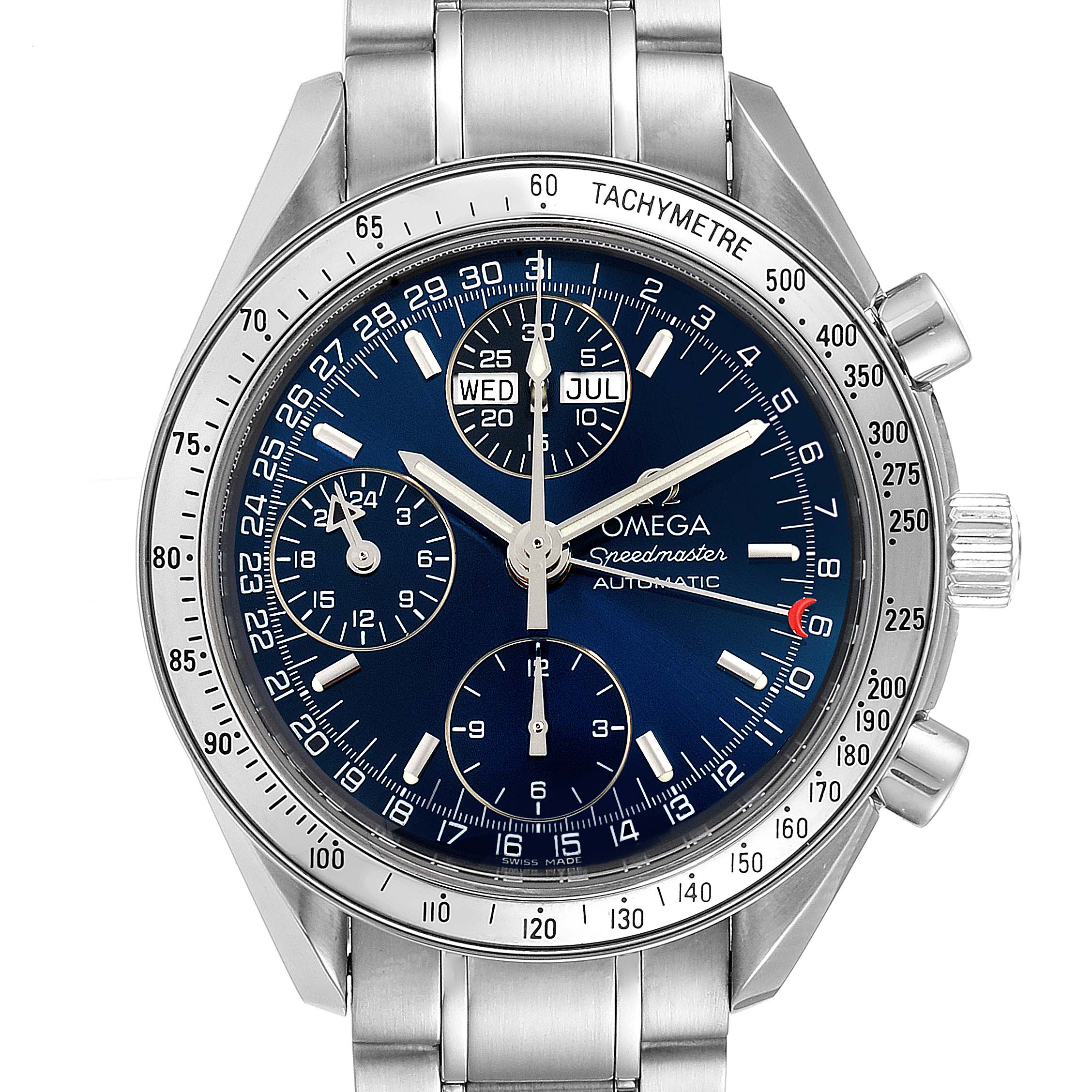 This Omega Speedmaster 3523.80.00 Men
s Stainless Steel Blue Dial 3523.80.00 Men
s Stainless Steel Blue Dial watch is shown from a straight-on angle, displaying the face, bezel, and bracelet.