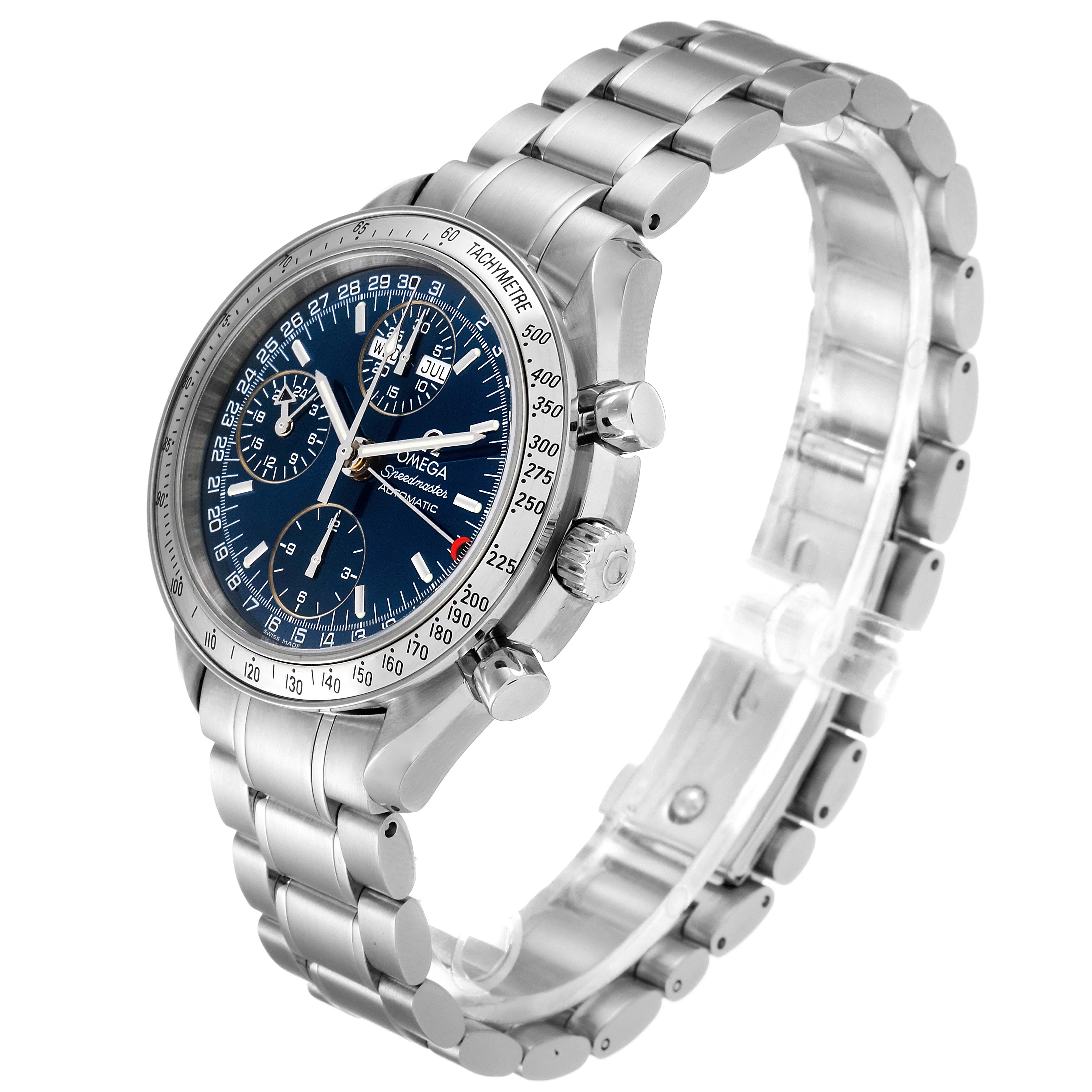 The Omega Speedmaster 3523.80.00 Men
s Stainless Steel Blue Dial 3523.80.00 Men
s Stainless Steel Blue Dial watch is shown at a three-quarter angle, displaying its face, bracelet, crown, and chronograph pushers.