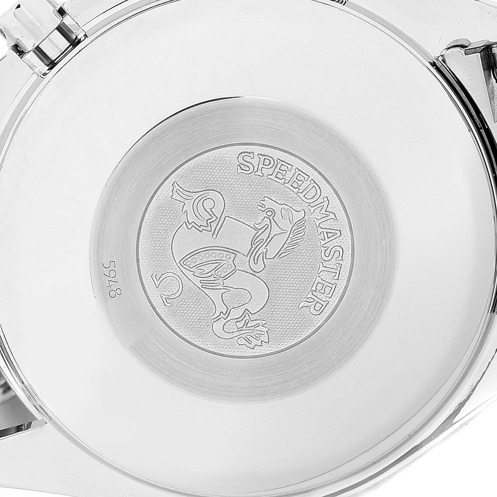 The image shows the case back of an Omega Speedmaster 3523.80.00 Men
s Stainless Steel Blue Dial 3523.80.00 Men
s Stainless Steel Blue Dial, displaying its emblem and the word "Speedmaster."