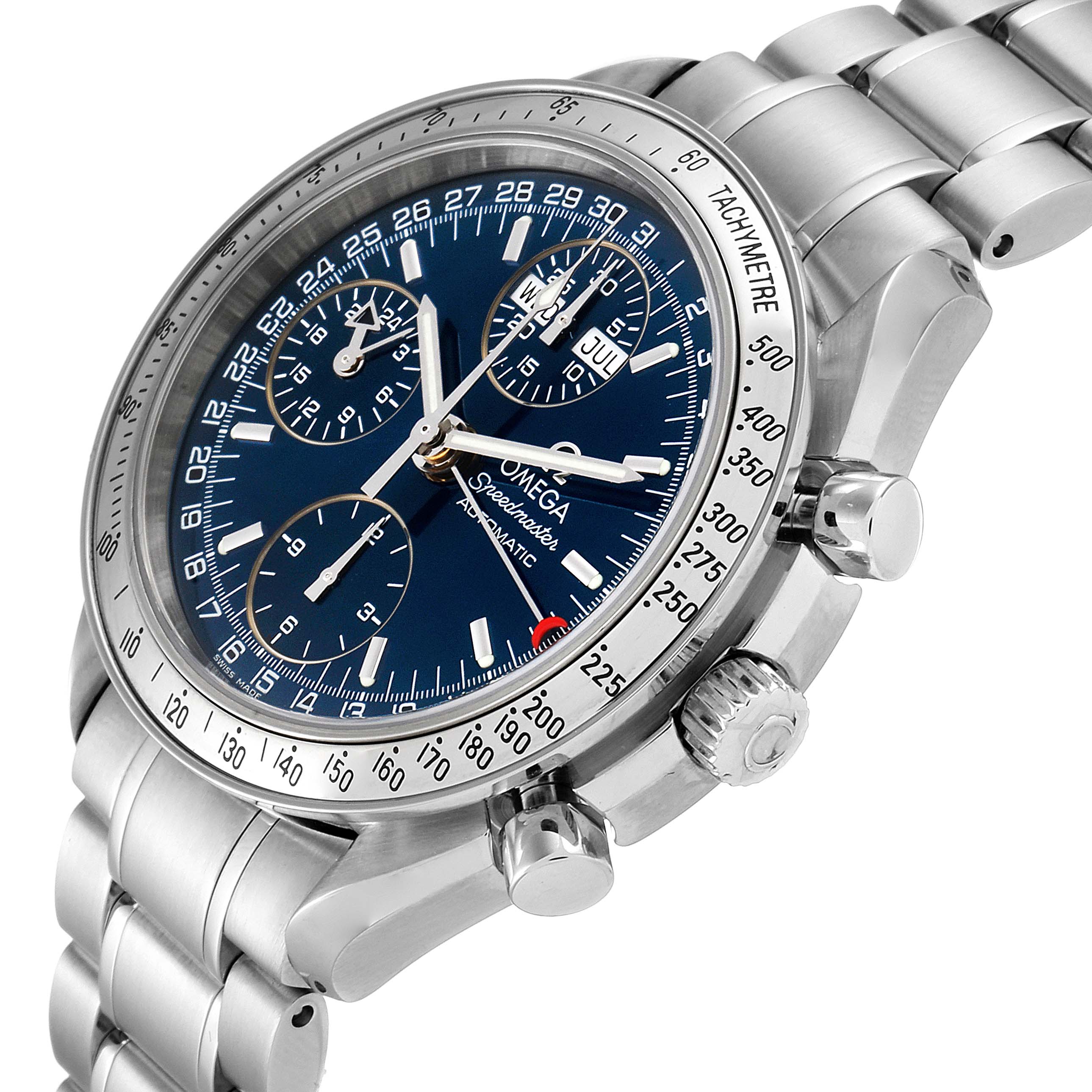 The Omega Speedmaster 3523.80.00 Men
s Stainless Steel Blue Dial 3523.80.00 Men
s Stainless Steel Blue Dial watch is displayed at an angled view, showing its face, chronograph dials, and stainless steel bracelet.