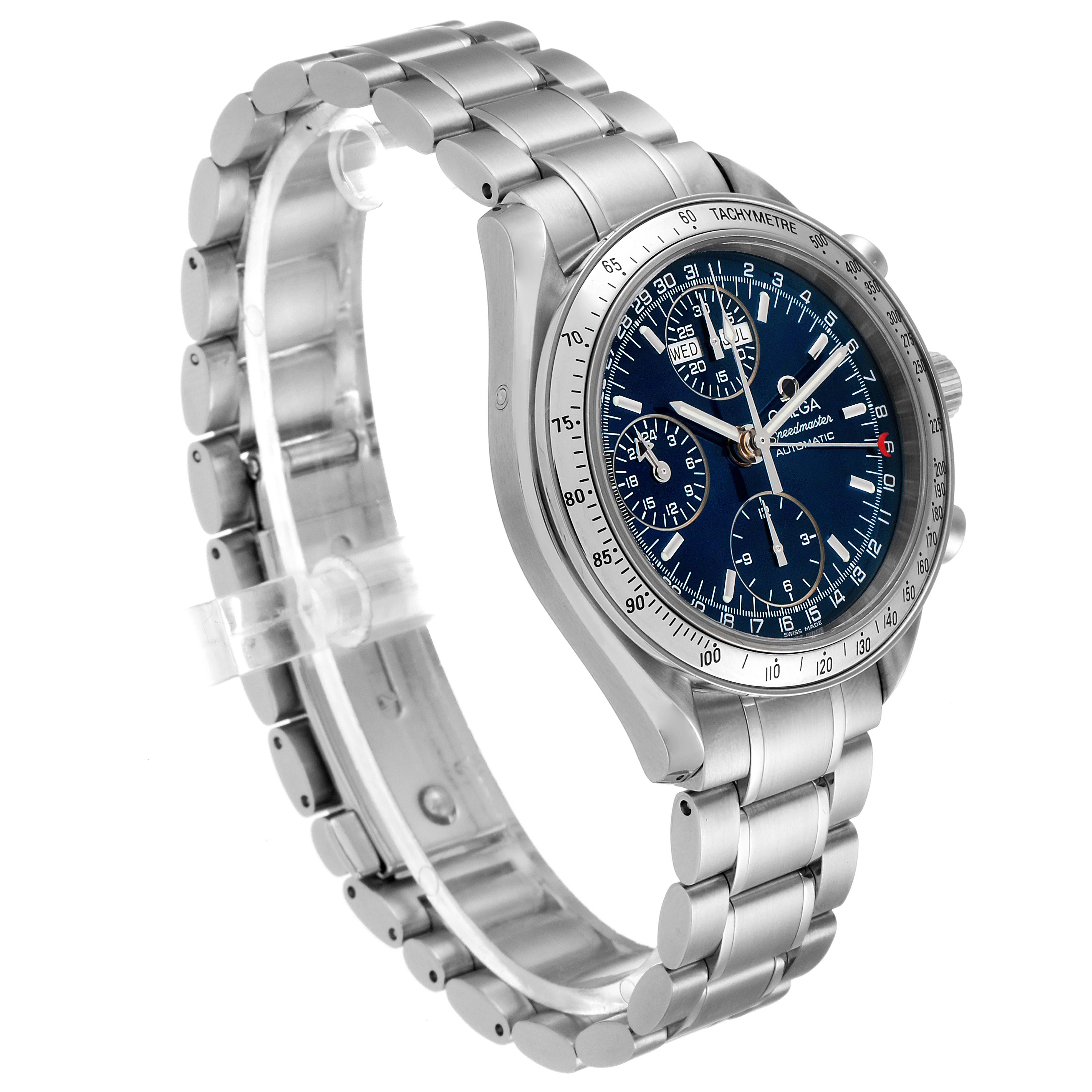 The Omega Speedmaster 3523.80.00 Men
s Stainless Steel Blue Dial 3523.80.00 Men
s Stainless Steel Blue Dial watch is shown at a three-quarter angle, highlighting its stainless steel case, bracelet, and blue dial.