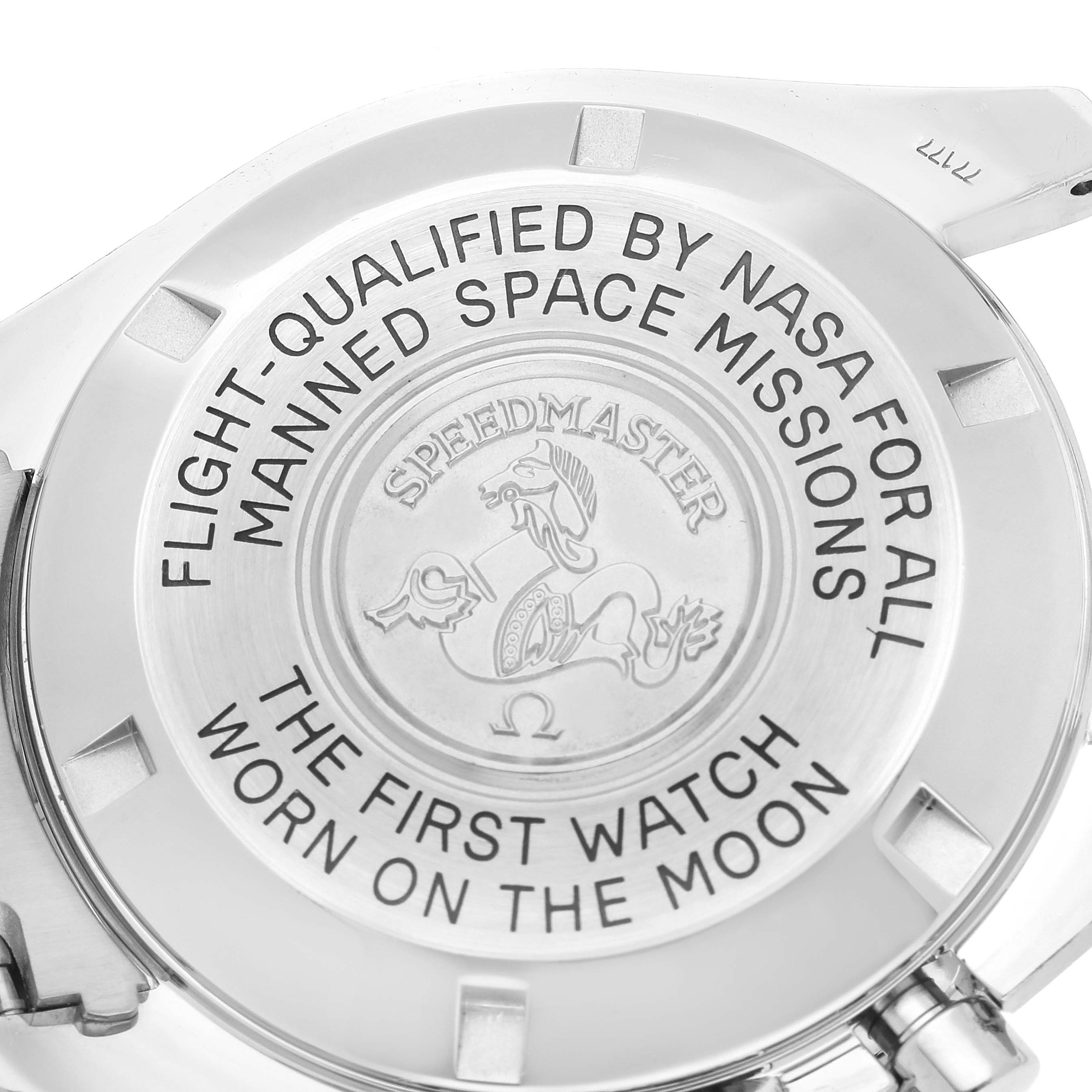 This image shows the engraved case back of an Omega Speedmaster 3570.50.00 Men's Stainless Steel Black Dial 3570.50.00 Men's Stainless Steel Black Dial watch, highlighting its NASA certification.