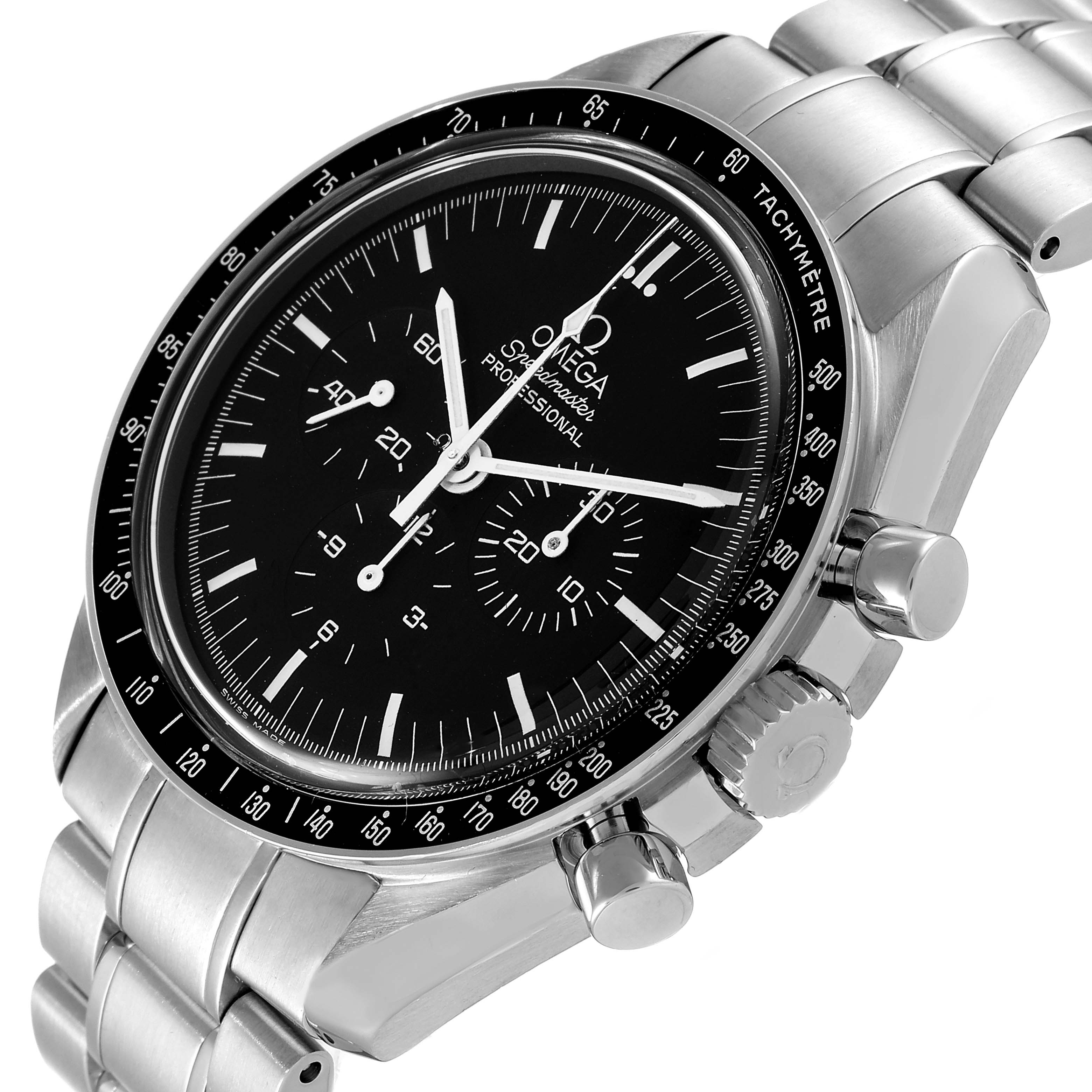 The image shows an angled close-up of the Omega Speedmaster 3570.50.00 Men's Stainless Steel Black Dial 3570.50.00 Men's Stainless Steel Black Dial watch, displaying the dial, bezel, crown, pushers, and part of the bracelet.