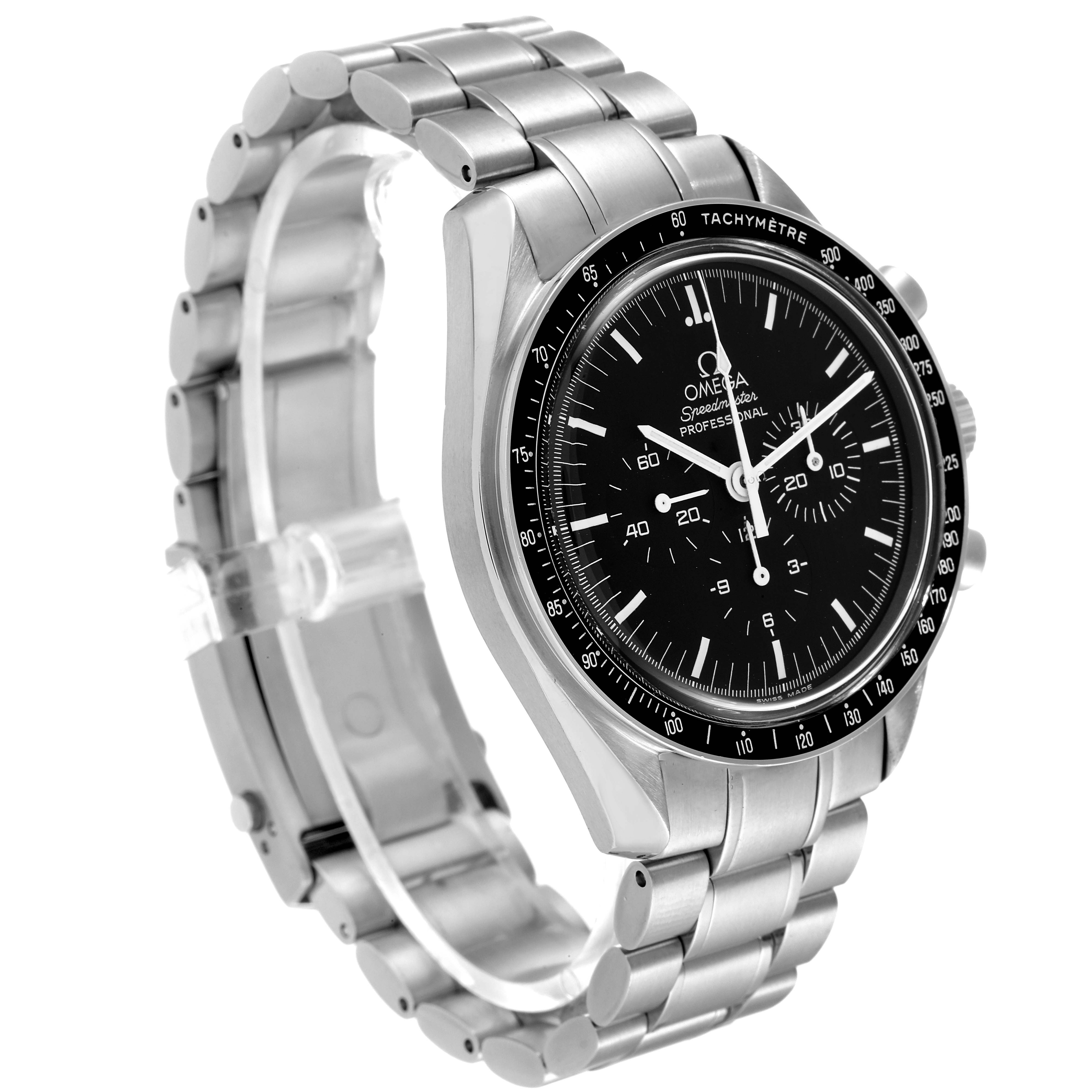 The Omega Speedmaster 3570.50.00 Men's Stainless Steel Black Dial 3570.50.00 Men's Stainless Steel Black Dial watch is shown at a three-quarter angle highlighting its bracelet and dial.