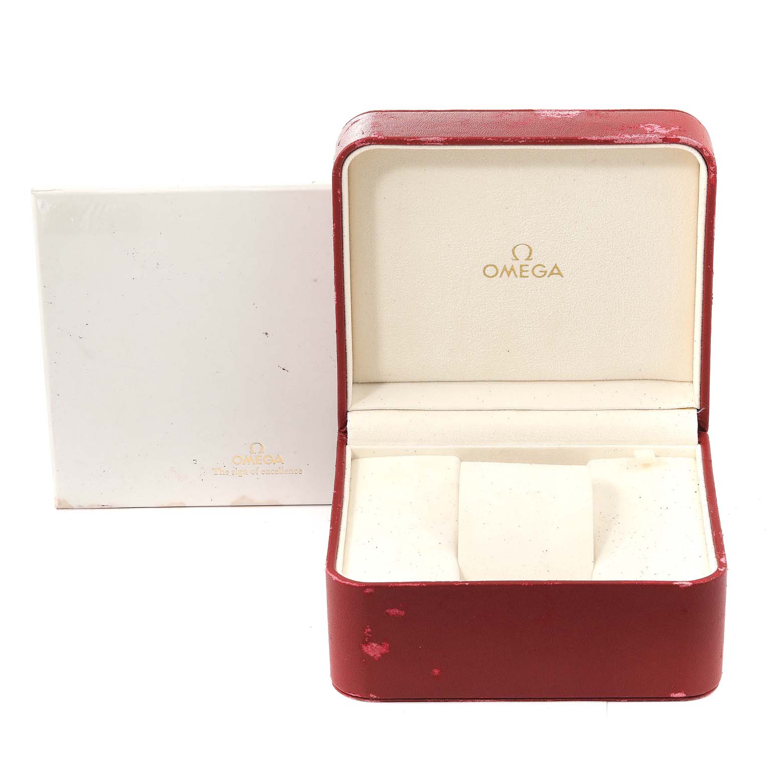 The image shows an empty Omega Speedmaster 3570.50.00 Men's Stainless Steel Black Dial 3570.50.00 Men's Stainless Steel Black Dial watch box with its inner white cushion and outer white packaging.