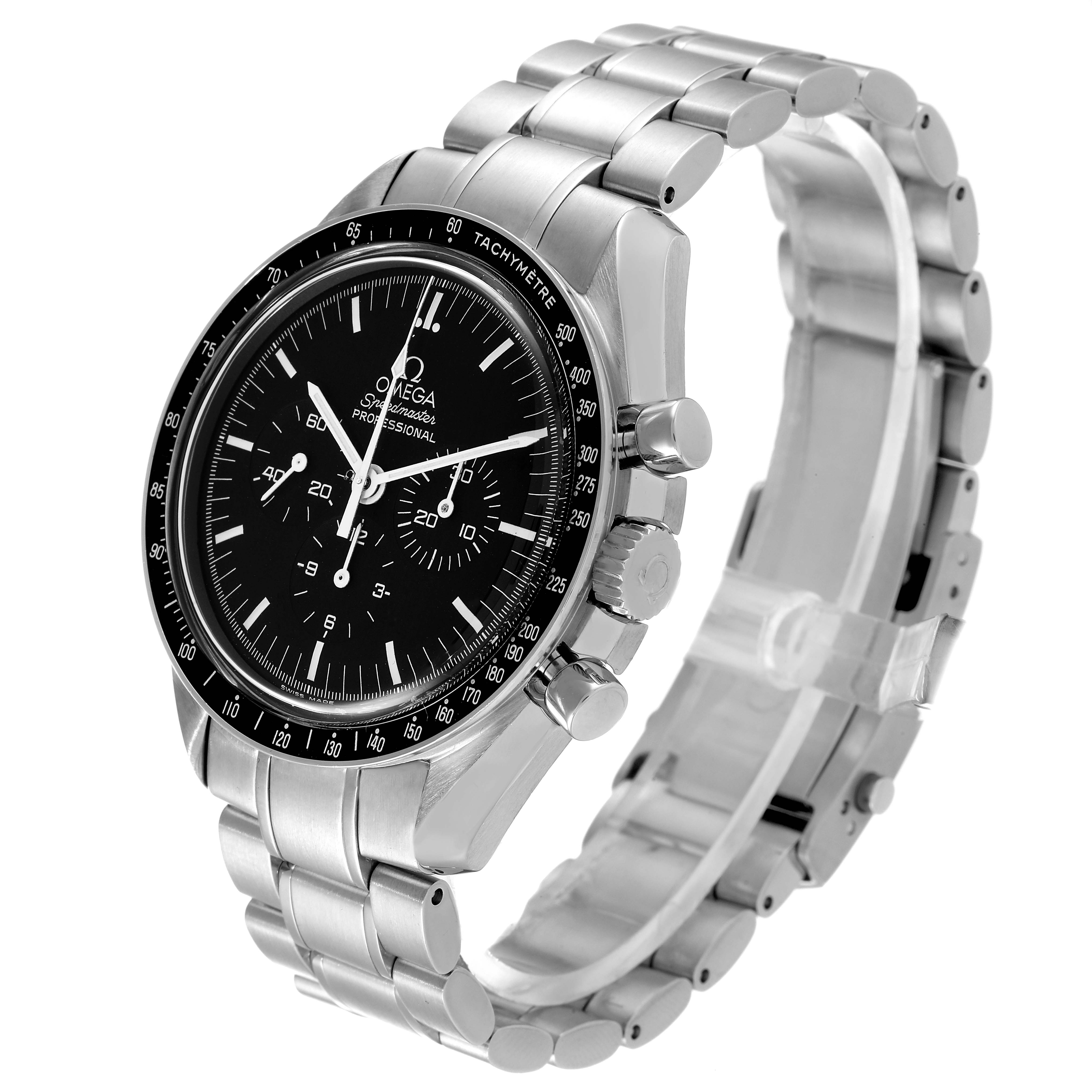 The Omega Speedmaster 3570.50.00 Men's Stainless Steel Black Dial 3570.50.00 Men's Stainless Steel Black Dial watch is shown at an angled view, highlighting the face, bezel, crown, and stainless steel bracelet.