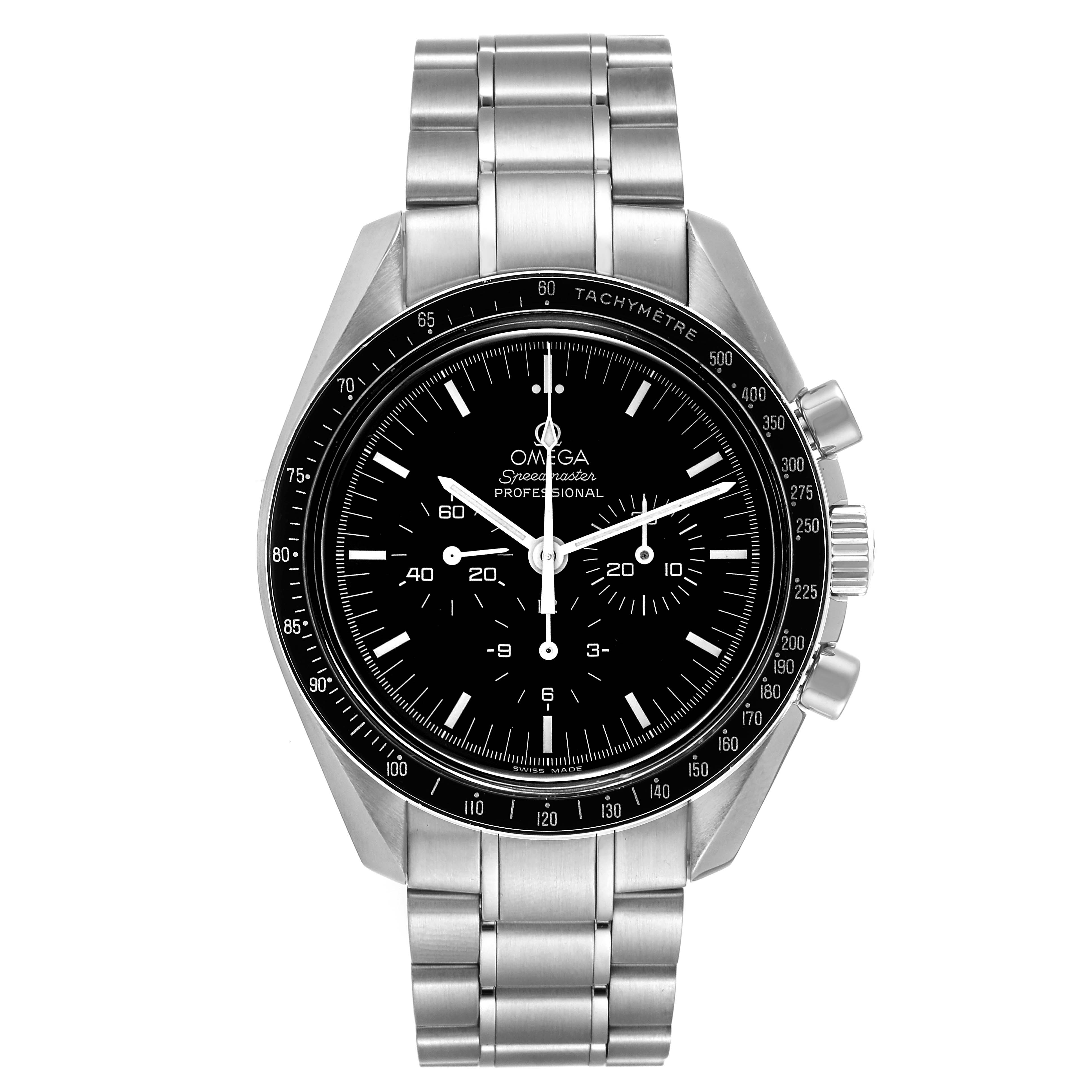 This is a front view of an Omega Speedmaster 3570.50.00 Men's Stainless Steel Black Dial 3570.50.00 Men's Stainless Steel Black Dial watch, displaying the face, bezel, crown, and metal bracelet.