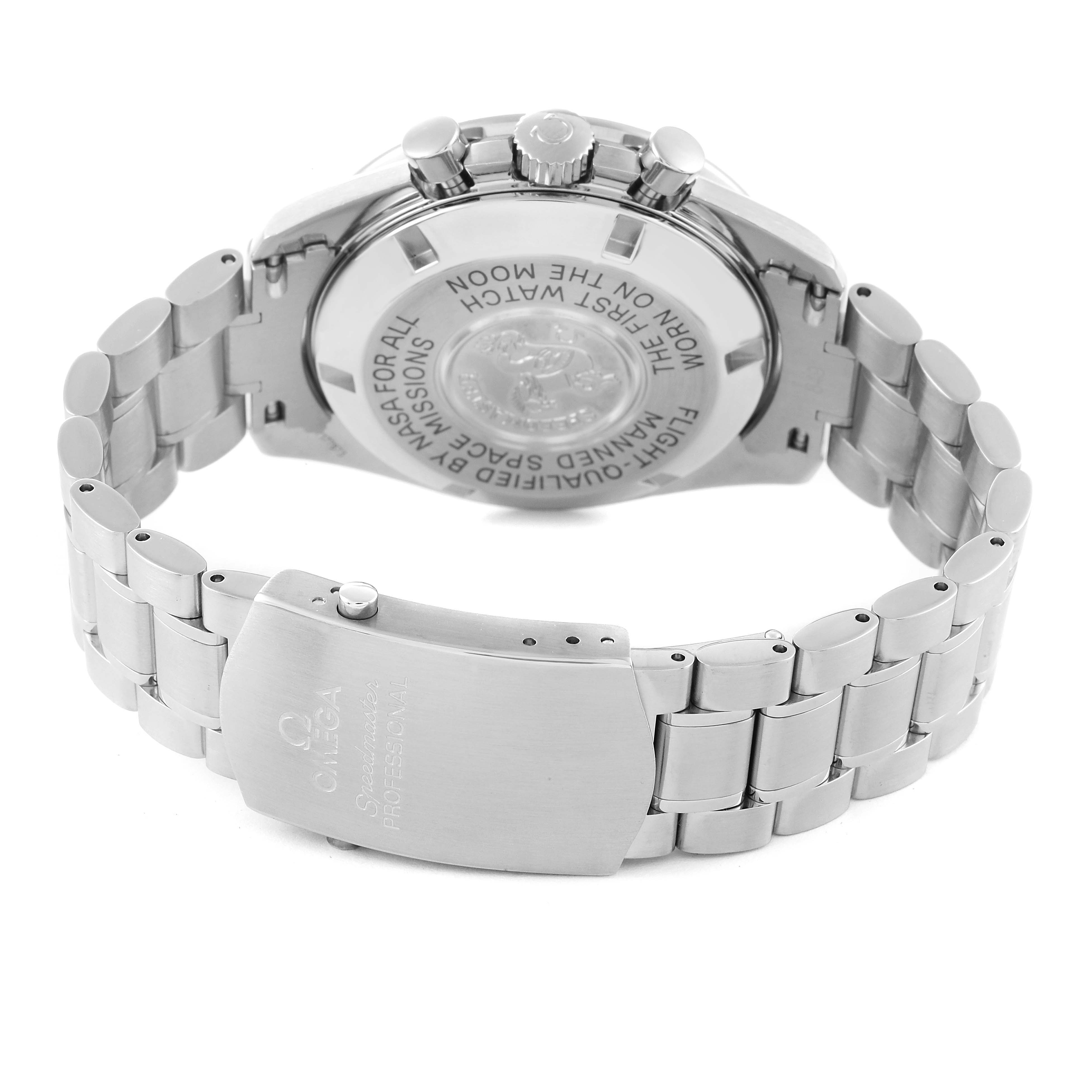 The image shows the back of an Omega Speedmaster 3570.50.00 Men's Stainless Steel Black Dial 3570.50.00 Men's Stainless Steel Black Dial watch, highlighting its clasp and case back with inscriptions.