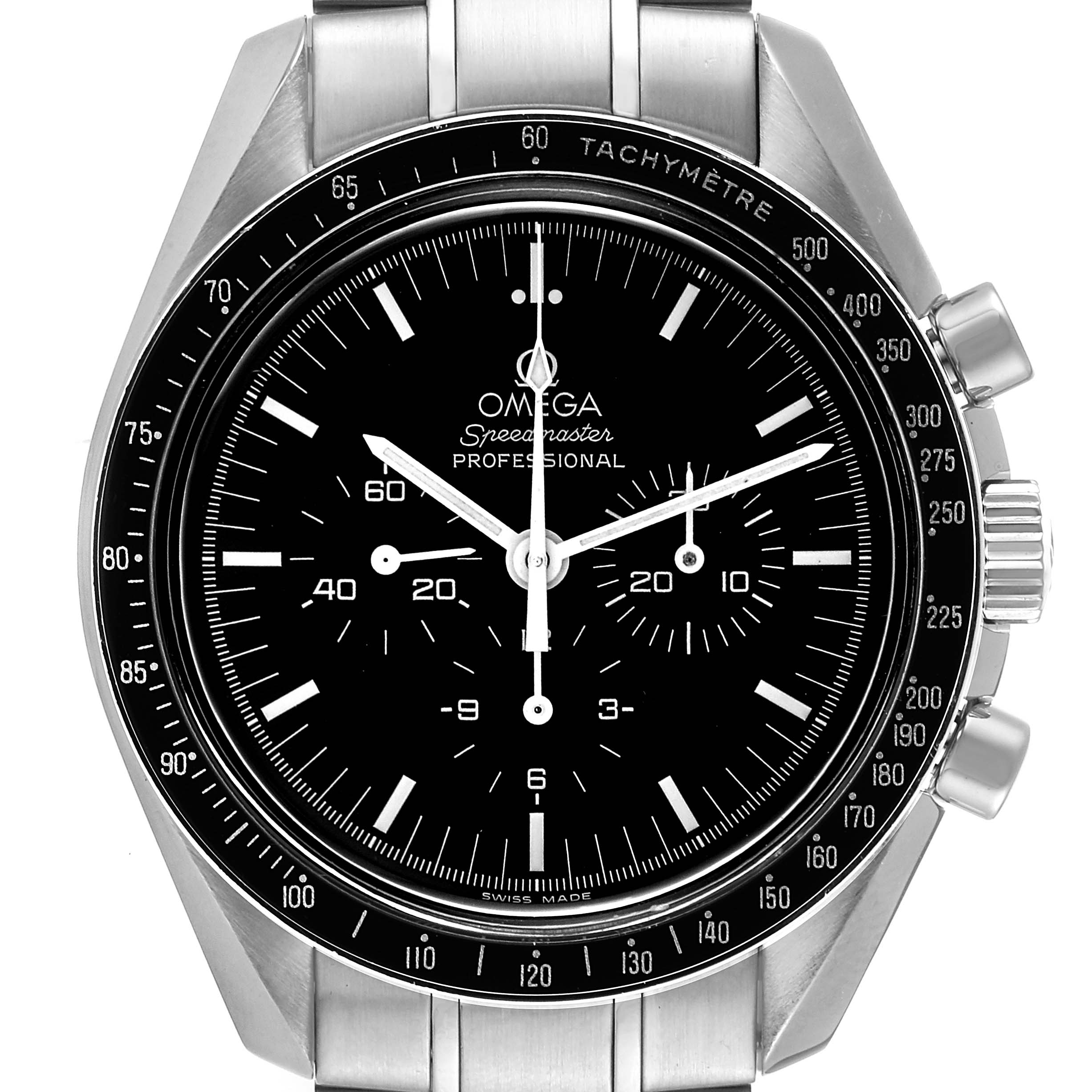 The image shows a close-up of the face and part of the bracelet of an Omega Speedmaster 3570.50.00 Men's Stainless Steel Black Dial 3570.50.00 Men's Stainless Steel Black Dial Professional watch.