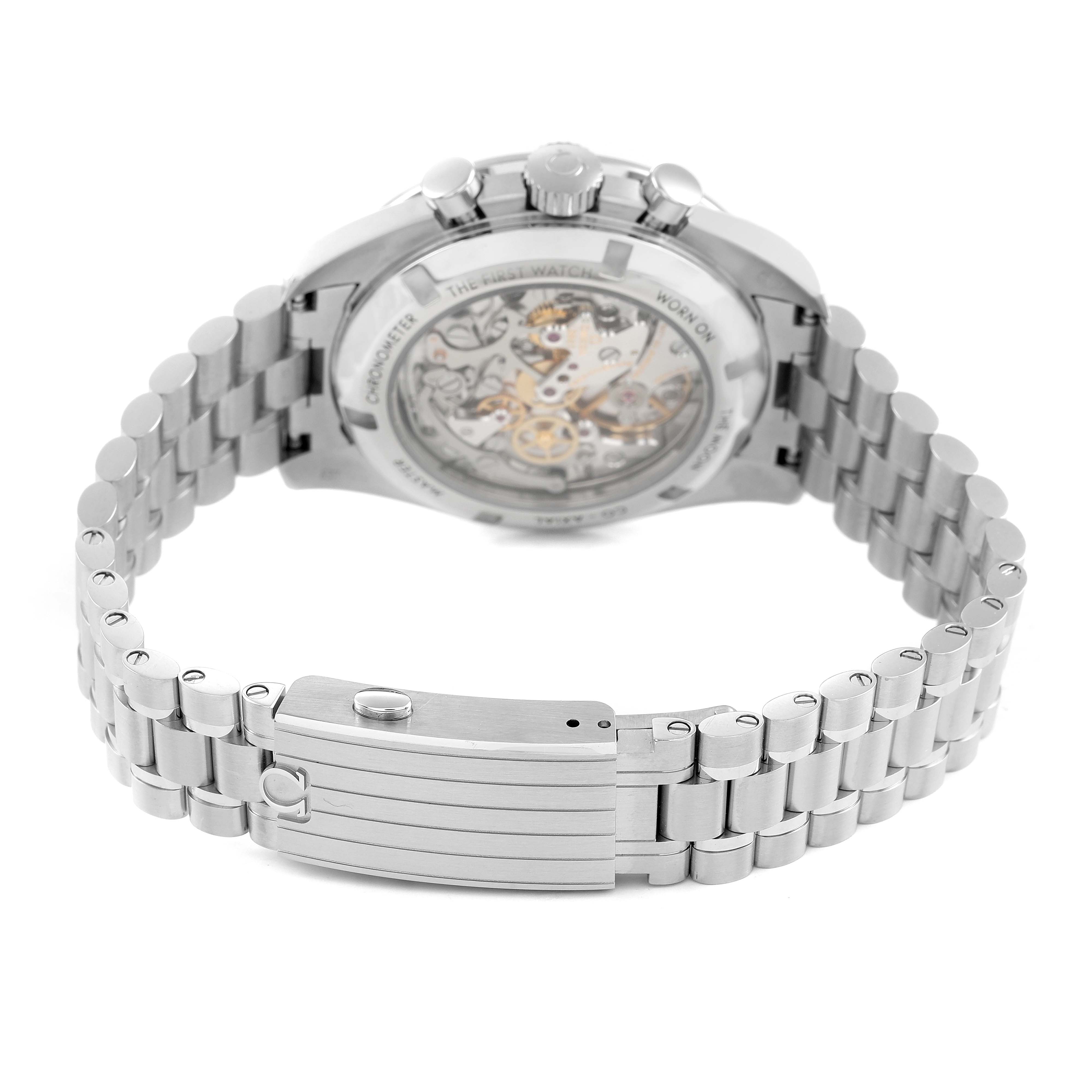 The Omega Speedmaster 310.30.42.50.01.002 Men's Stainless Steel Black Dial is shown from the back, highlighting the exhibition case back and stainless steel bracelet.