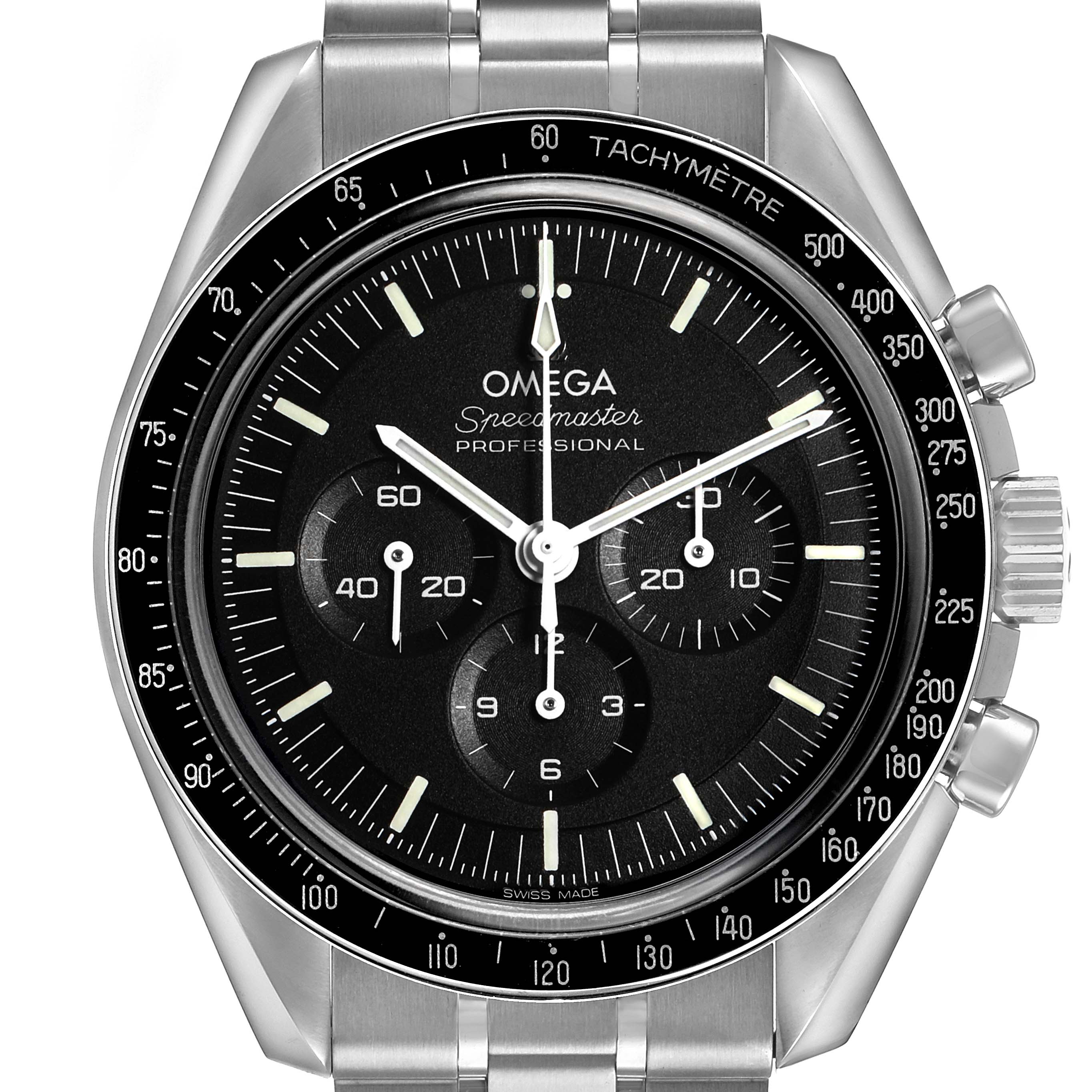 The image shows a front view of the Omega Speedmaster 310.30.42.50.01.002 Men's Stainless Steel Black Dial watch, highlighting the dial and tachymeter bezel.