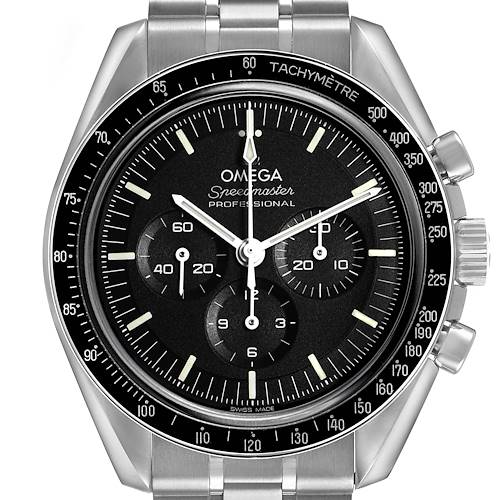 The Omega Speedmaster 310.30.42.50.01.002 Men's Stainless Steel Black Dial watch is shown from the front, displaying the dial, bezel, and subdials clearly.