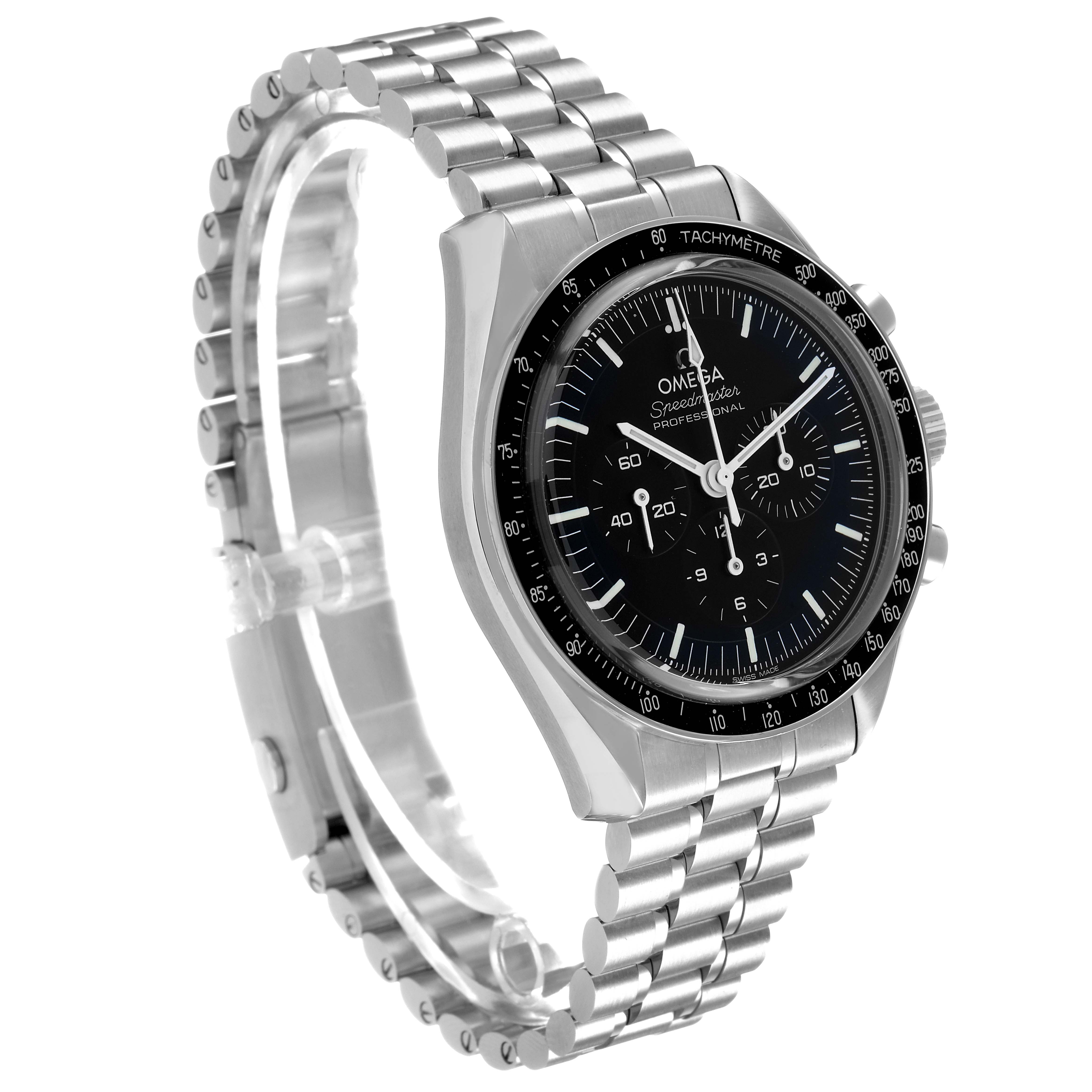 The Omega Speedmaster 310.30.42.50.01.002 Men's Stainless Steel Black Dial watch is shown at a three-quarter angle, highlighting its face, bezel, and metal bracelet.