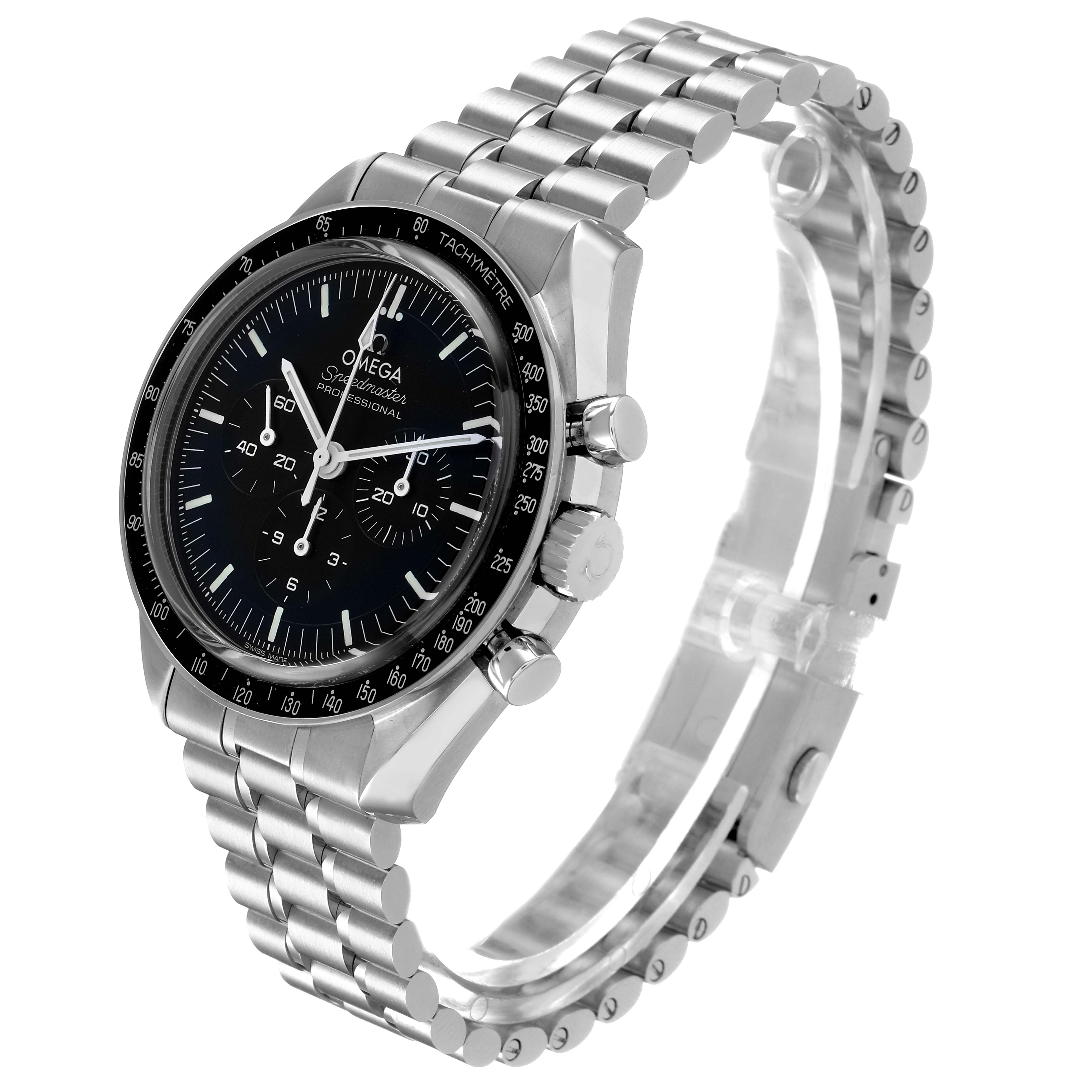 The Omega Speedmaster 310.30.42.50.01.002 Men's Stainless Steel Black Dial watch is shown at a three-quarter angle, displaying the face, bezel, and stainless steel bracelet.