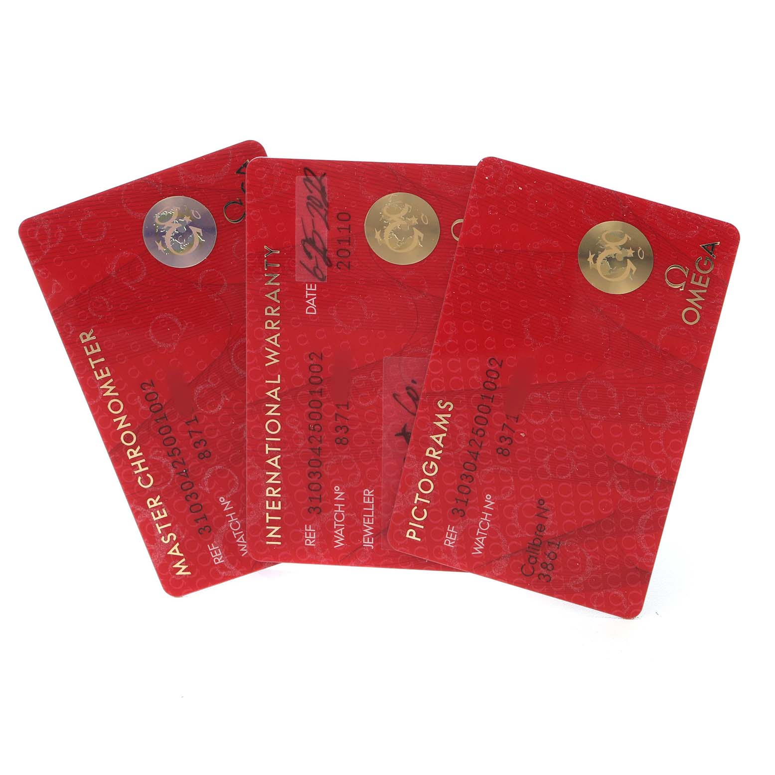 The image shows three red cards for an Omega Speedmaster 310.30.42.50.01.002 Men's Stainless Steel Black Dial, featuring Master Chronometer, International Warranty, and Pictograms details.