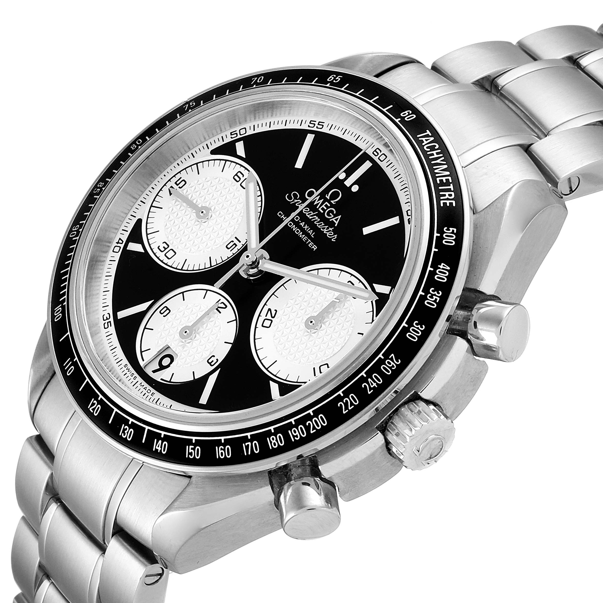 The Omega Speedmaster 326.30.40.50.01.002 Men
s Stainless Steel Black Dial 326.30.40.50.01.002 Men
s Stainless Steel Black Dial watch is shown at a slight tilted angle, showcasing its dial, bezel, crown, pushers, and part of its bracelet.