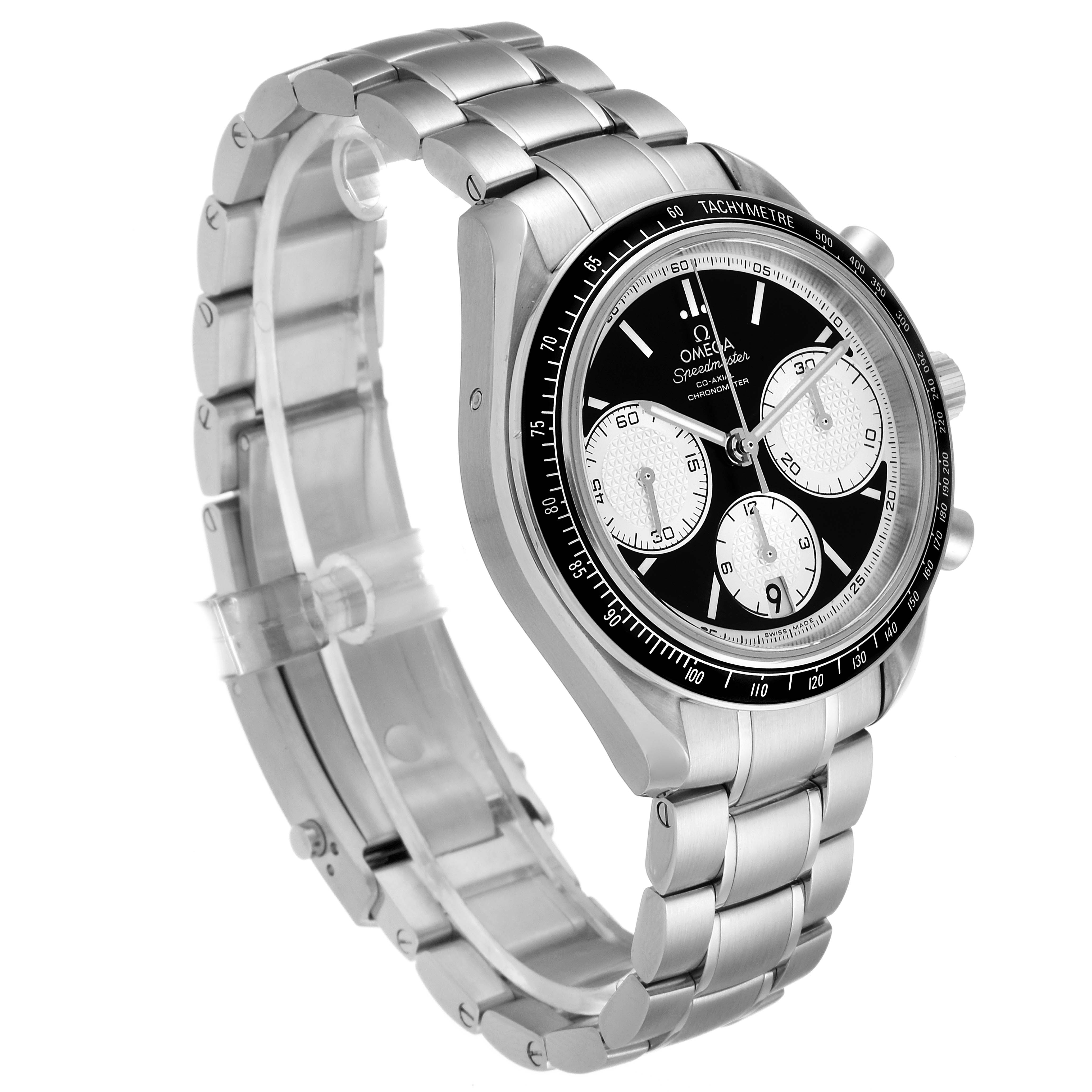 The image shows an angled side view of an Omega Speedmaster 326.30.40.50.01.002 Men
s Stainless Steel Black Dial 326.30.40.50.01.002 Men
s Stainless Steel Black Dial watch, highlighting the bezel, face, and bracelet.