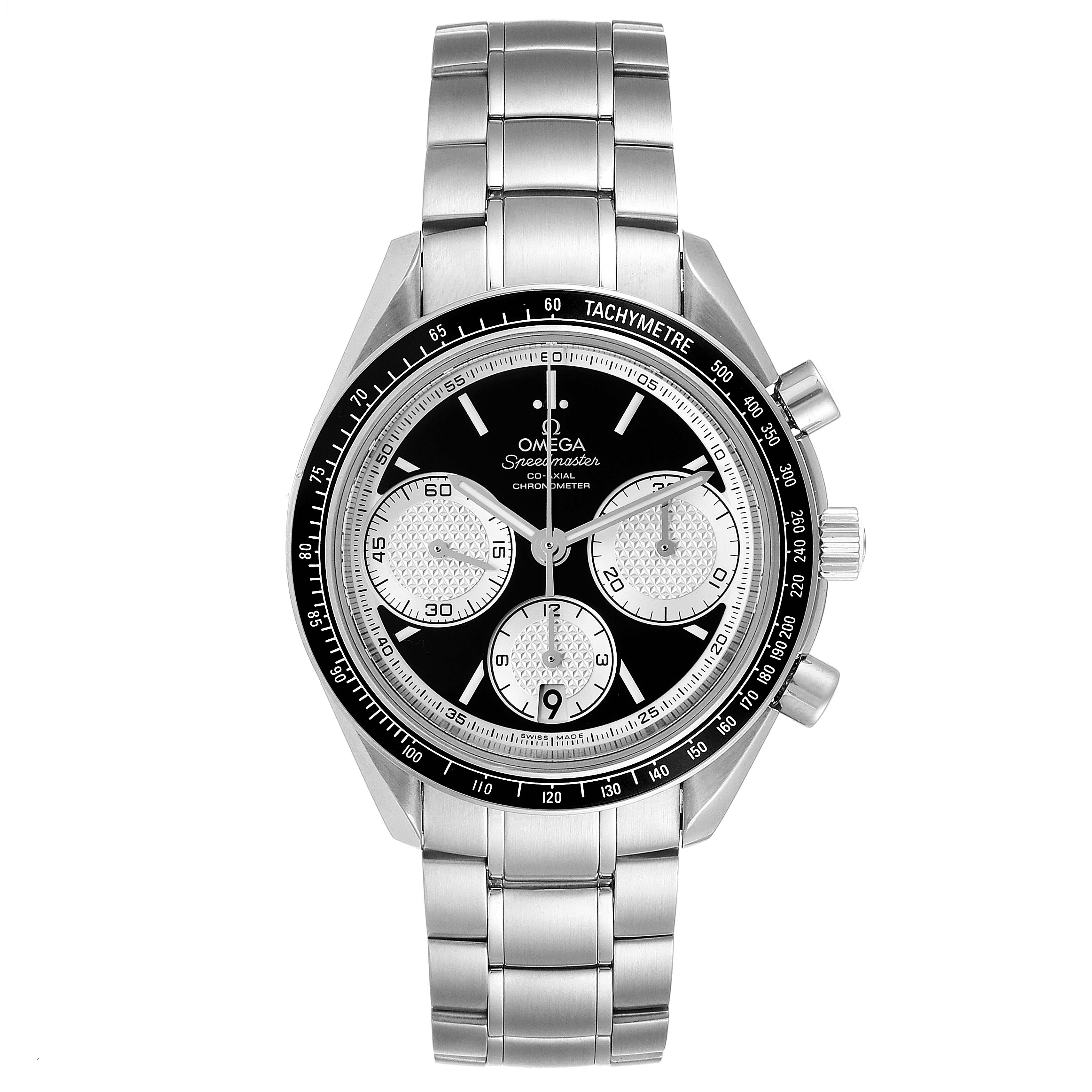 This Omega Speedmaster 326.30.40.50.01.002 Men
s Stainless Steel Black Dial 326.30.40.50.01.002 Men
s Stainless Steel Black Dial watch is shown from the front, highlighting its face, dial, bezel, and bracelet.