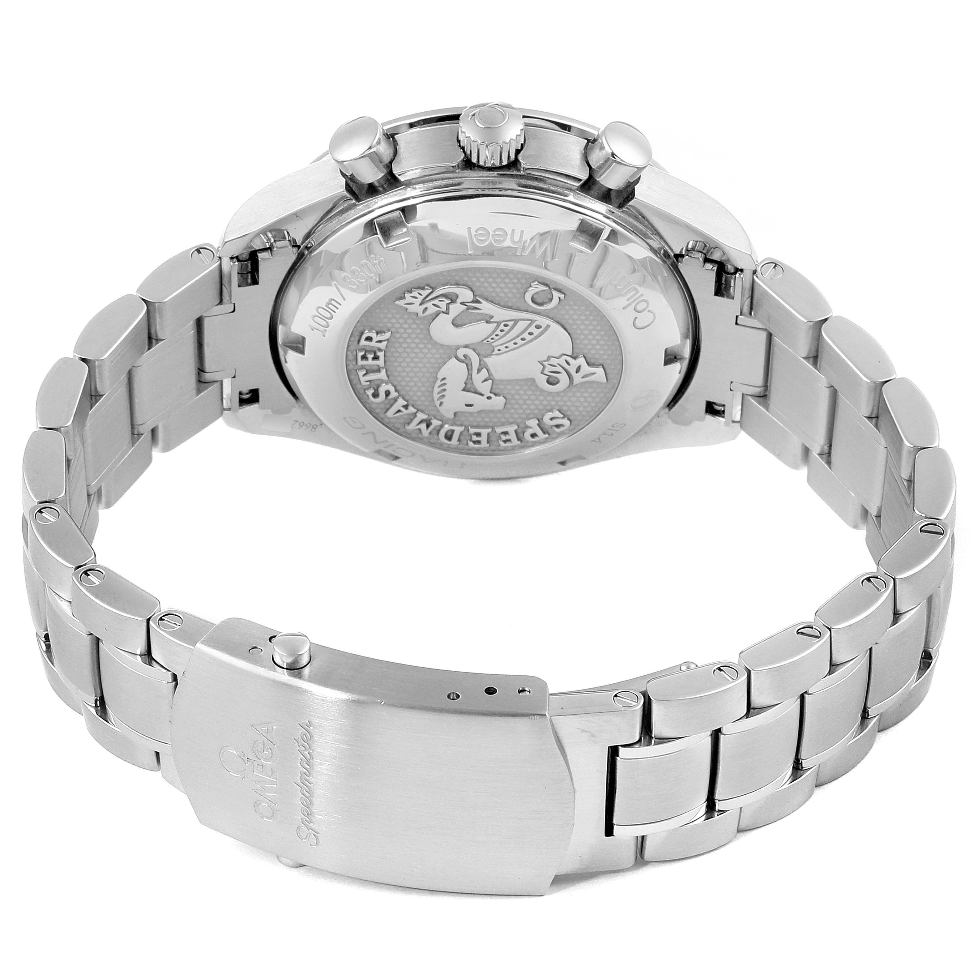 The image shows the back and side view of an Omega Speedmaster 326.30.40.50.01.002 Men
s Stainless Steel Black Dial 326.30.40.50.01.002 Men
s Stainless Steel Black Dial watch, highlighting the case back, bracelet, and clasp.