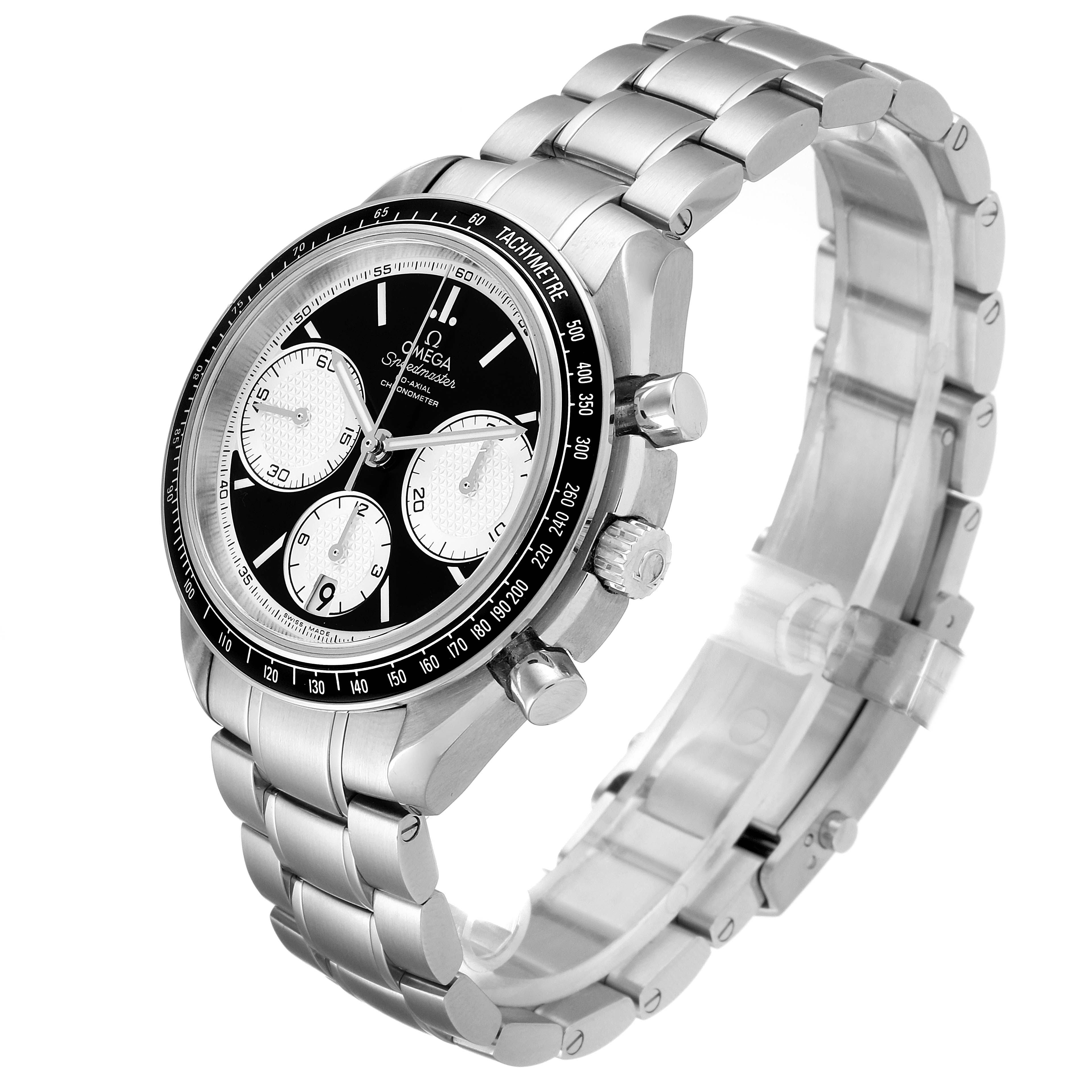 The Omega Speedmaster 326.30.40.50.01.002 Men
s Stainless Steel Black Dial 326.30.40.50.01.002 Men
s Stainless Steel Black Dial watch is shown at a three-quarter angle, highlighting its face, crown, pushers, and metal bracelet.