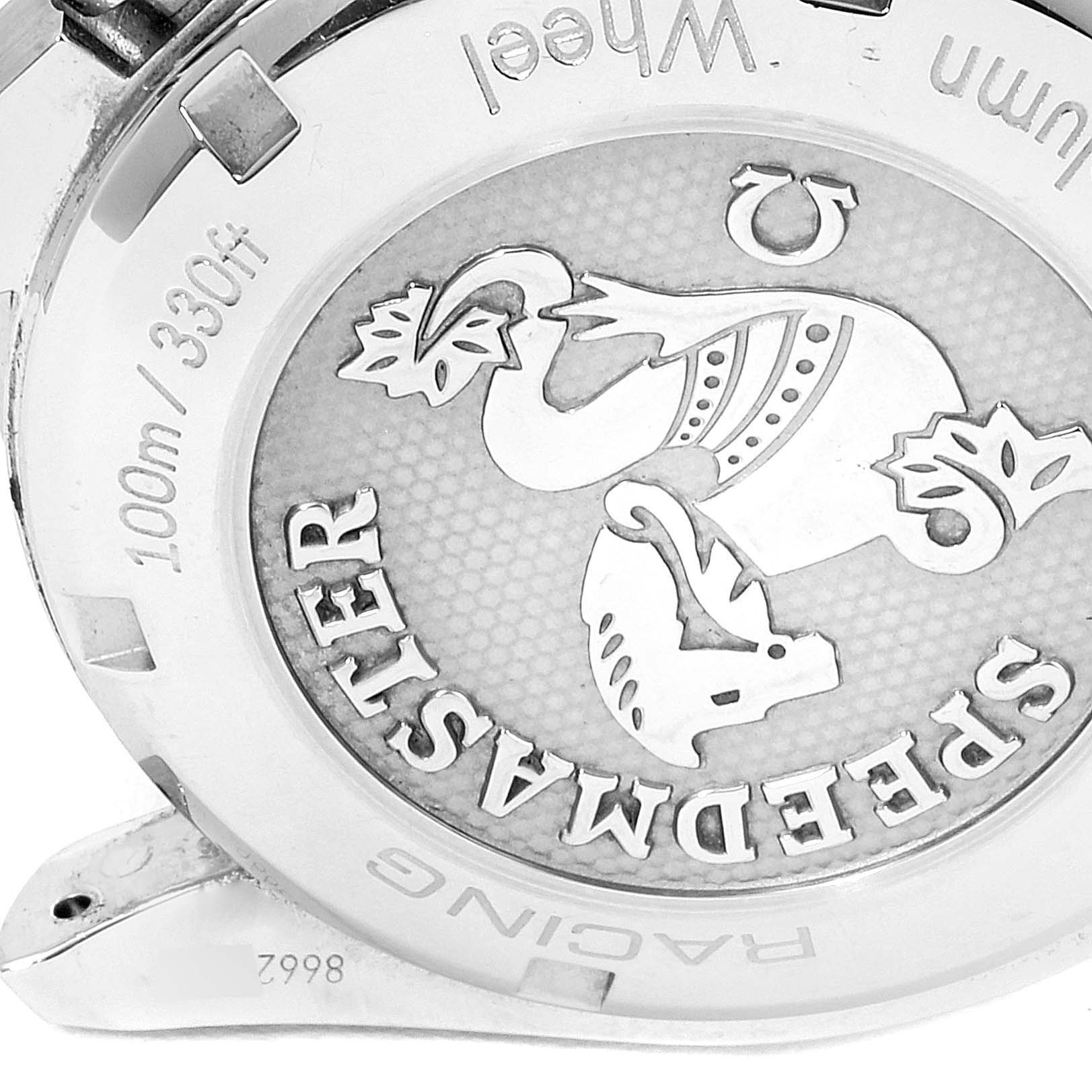 This image shows the back case of the Omega Speedmaster 326.30.40.50.01.002 Men
s Stainless Steel Black Dial 326.30.40.50.01.002 Men
s Stainless Steel Black Dial watch, highlighting the engraved design and water resistance marking.