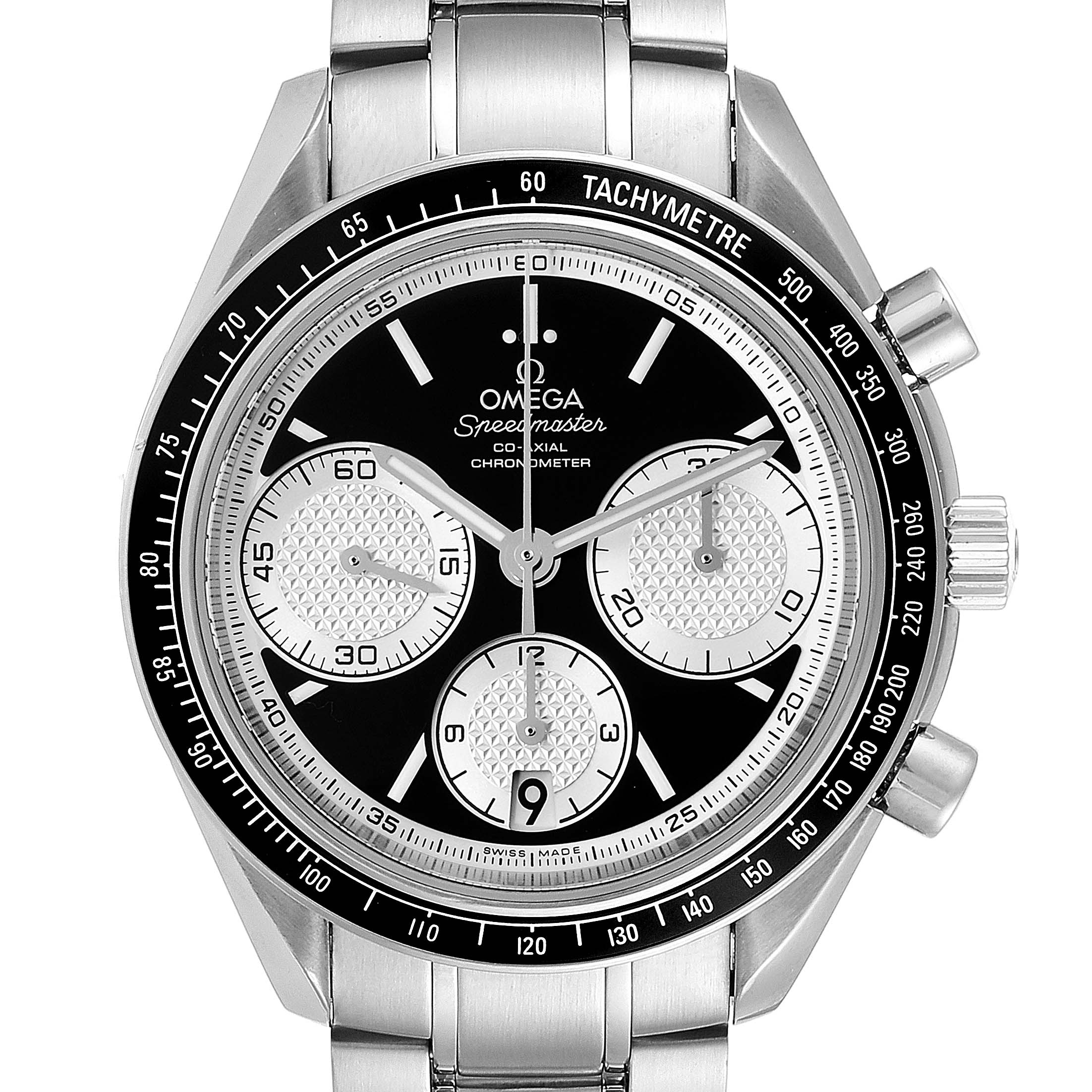 The image shows a frontal view of the Omega Speedmaster 326.30.40.50.01.002 Men
s Stainless Steel Black Dial 326.30.40.50.01.002 Men
s Stainless Steel Black Dial watch, highlighting its dial, subdials, and tachymeter on the bezel.