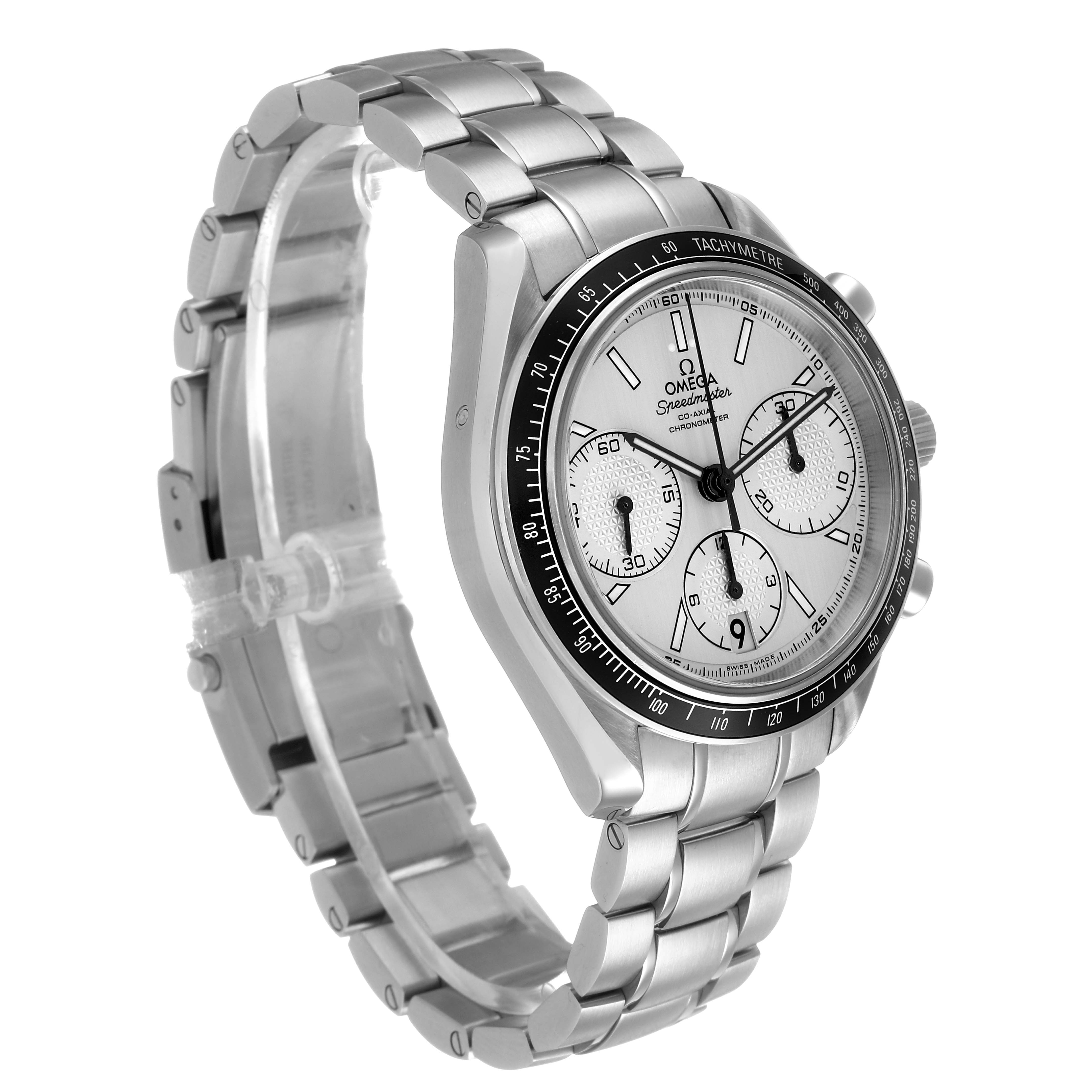 The Omega Speedmaster 326.30.40.50.02.001 Men's Stainless Steel Silver Dial watch is shown at a three-quarter angle, displaying the face, bezel, and bracelet.