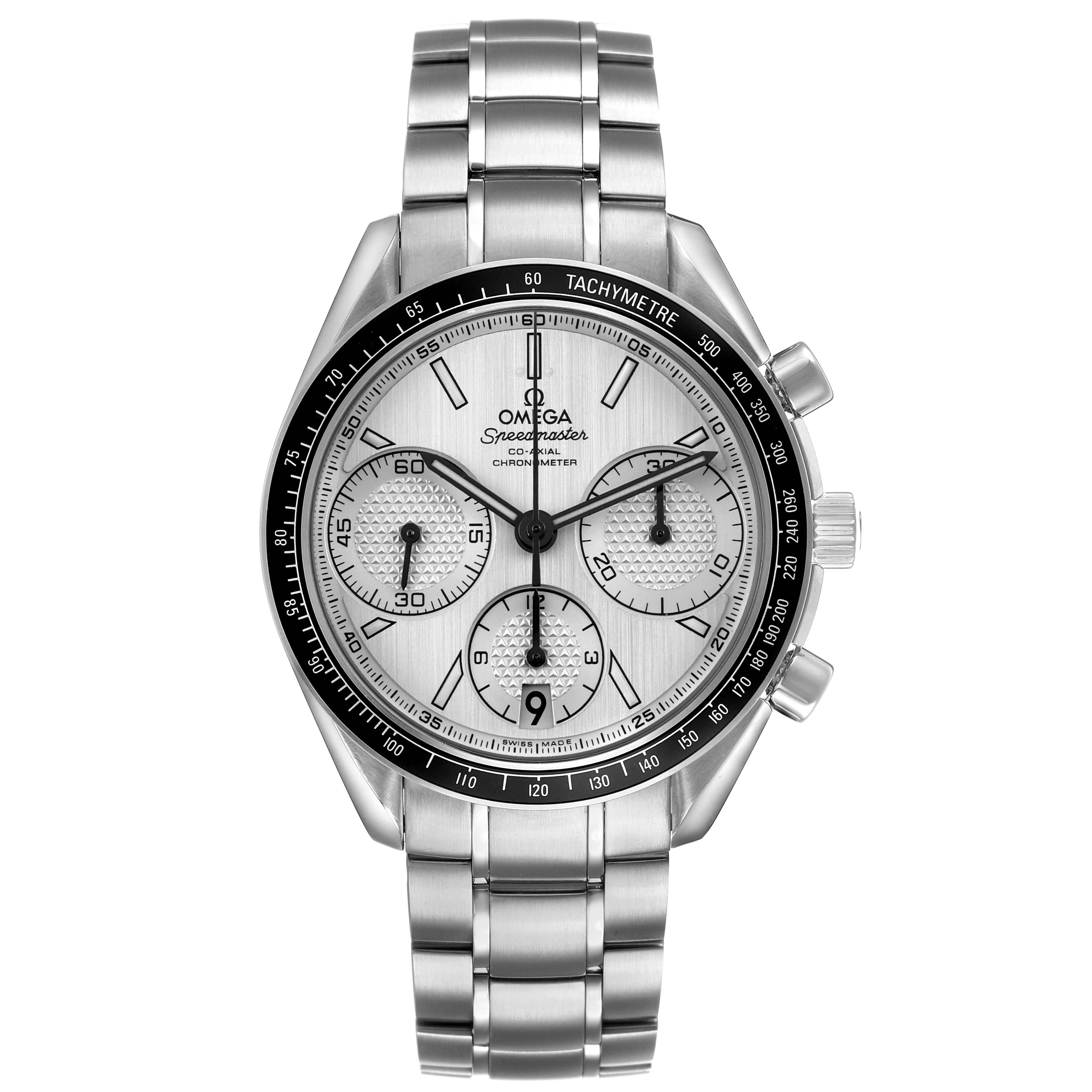 The Omega Speedmaster 326.30.40.50.02.001 Men's Stainless Steel Silver Dial watch is shown from a front angle, displaying the dial, bezel, and bracelet.