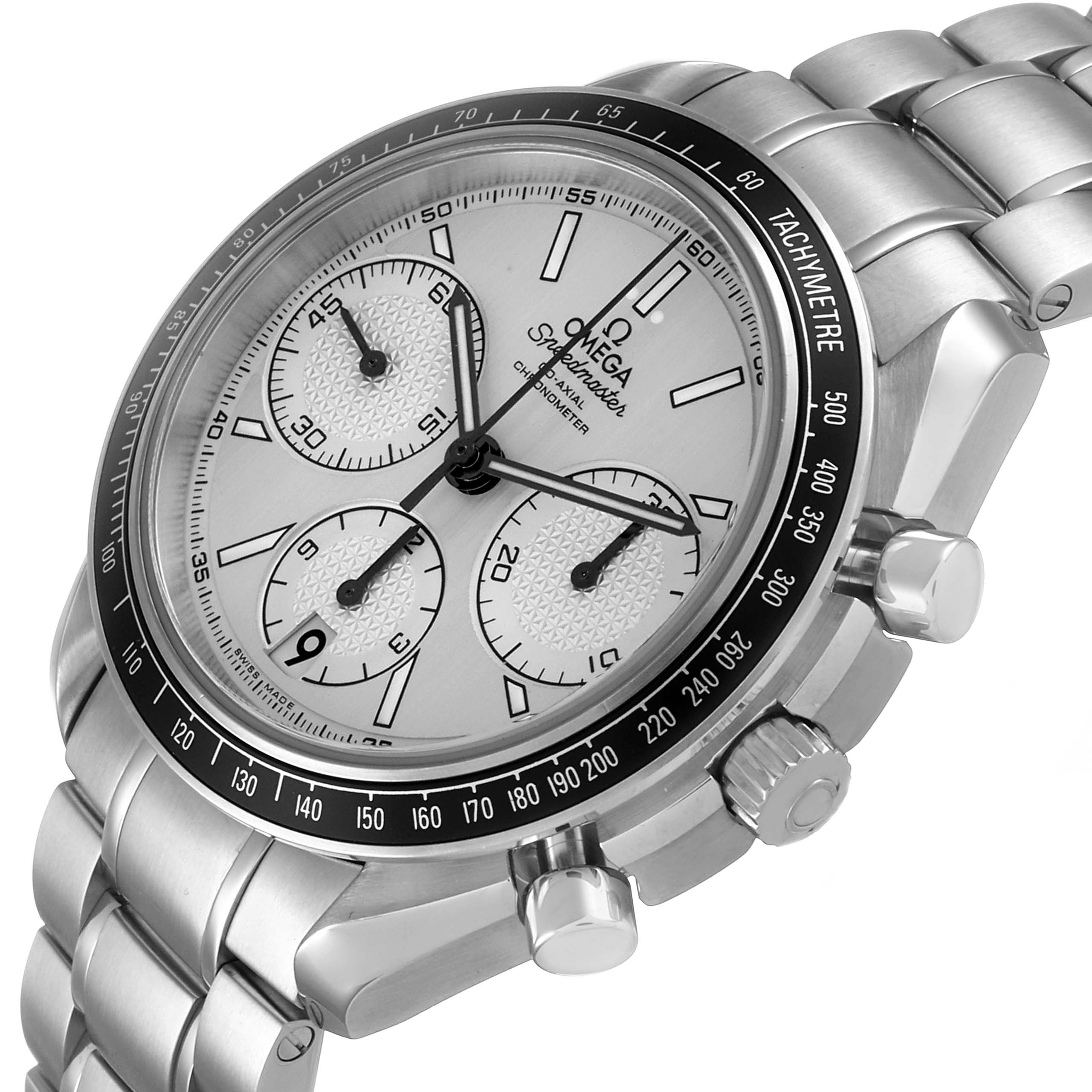The Omega Speedmaster 326.30.40.50.02.001 Men's Stainless Steel Silver Dial watch is shown at a three-quarter angle, displaying the face, bezel, pushers, crown, and part of the bracelet.