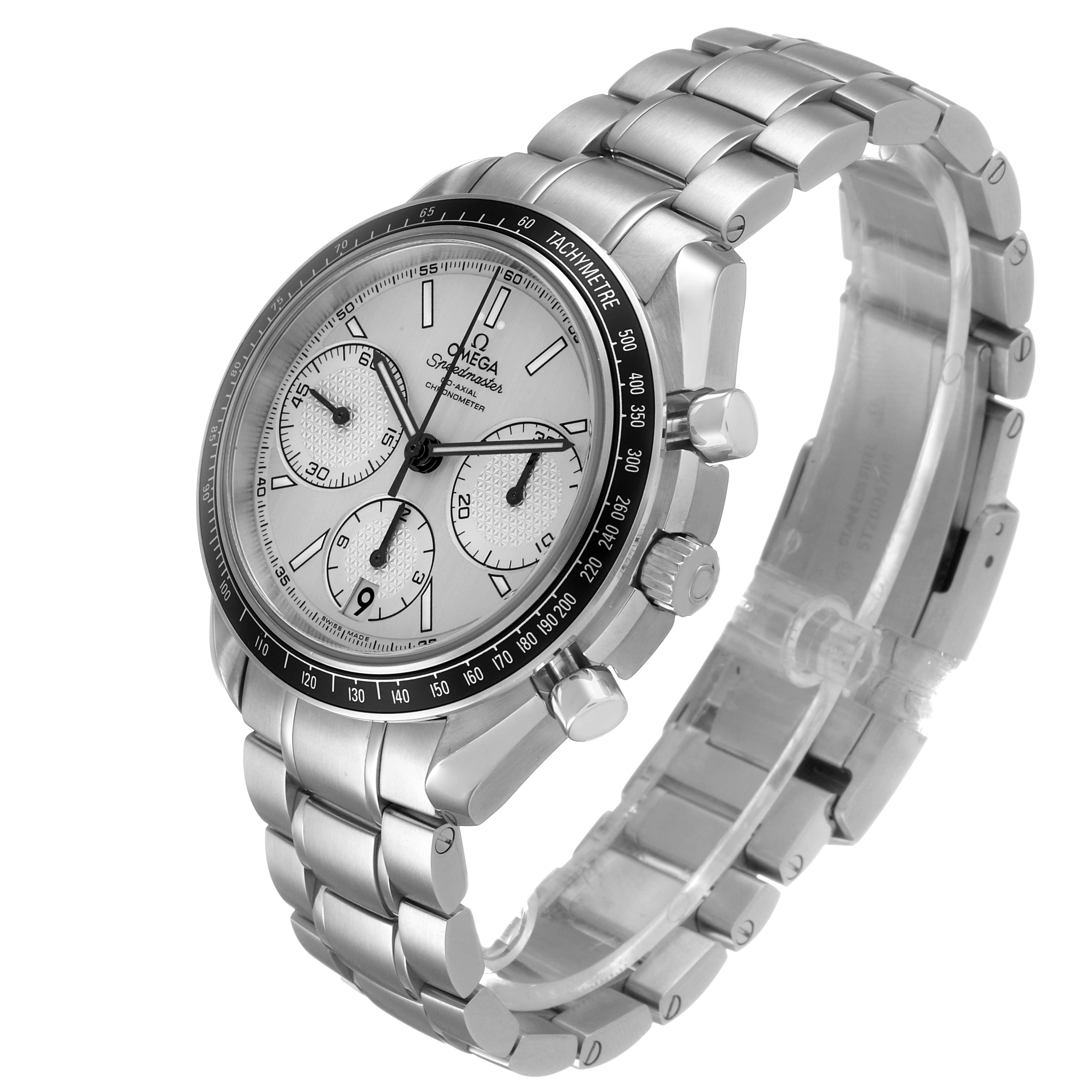 This Omega Speedmaster 326.30.40.50.02.001 Men's Stainless Steel Silver Dial watch is shown at a three-quarter angle, highlighting its dial, tachymeter bezel, and metal bracelet.