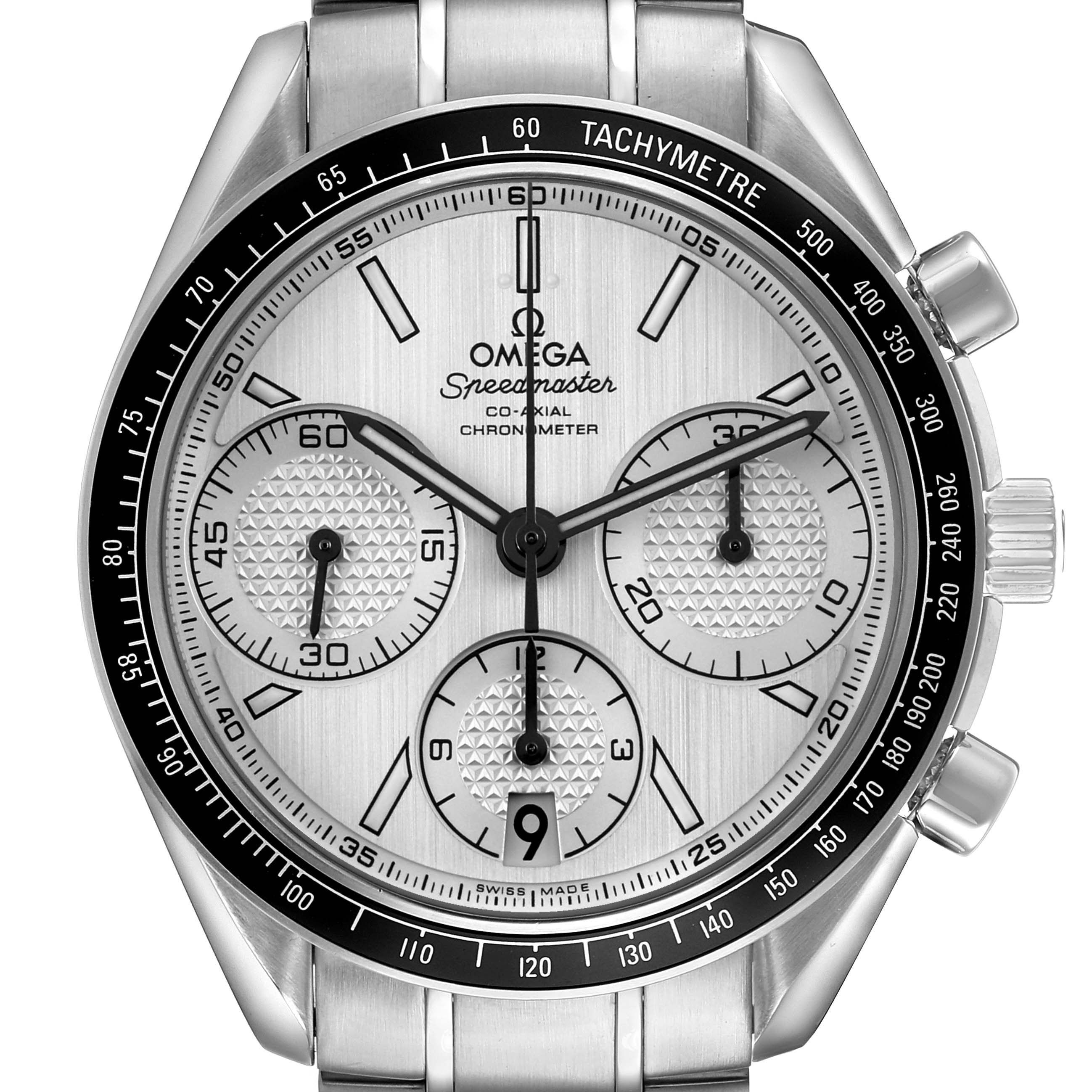 The Omega Speedmaster 326.30.40.50.02.001 Men's Stainless Steel Silver Dial watch is shown from a front angle, highlighting its dial, subdials, bezel, and crown.