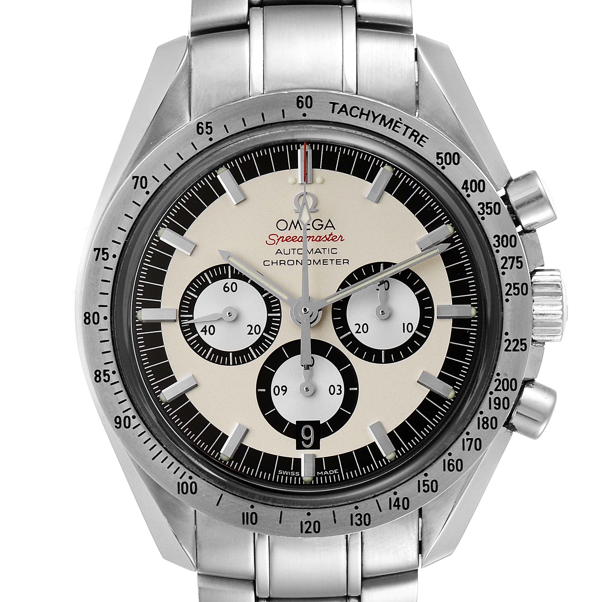 This image shows the front view of an Omega Speedmaster 3506.31.00 Men's Stainless Steel Silver Dial 3506.31.00 Men's Stainless Steel Silver Dial watch, highlighting the dial, bezel, and chronograph sub-dials.