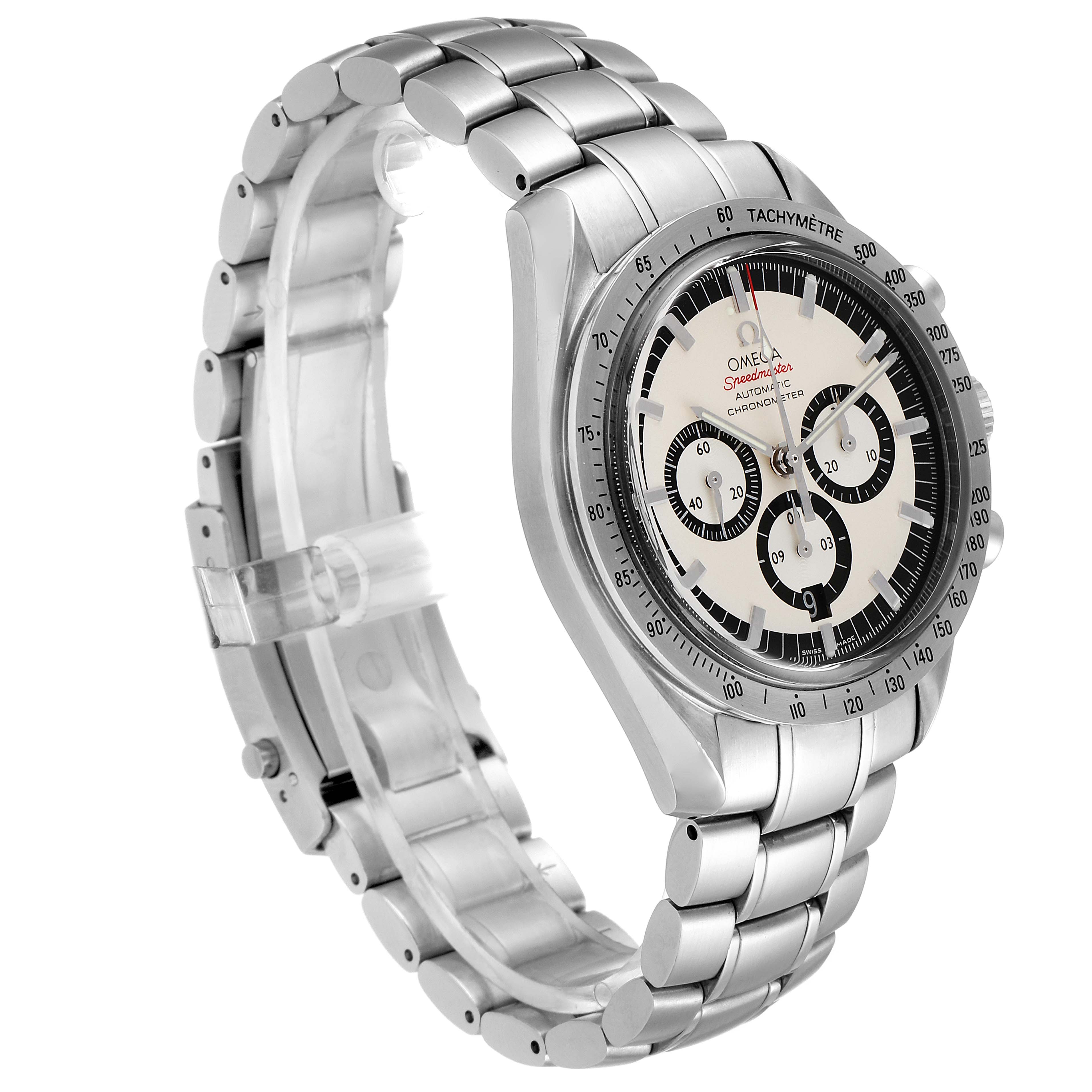 The image shows an Omega Speedmaster 3506.31.00 Men's Stainless Steel Silver Dial 3506.31.00 Men's Stainless Steel Silver Dial watch at a three-quarter angle, displaying its face, bezel, and metal bracelet.