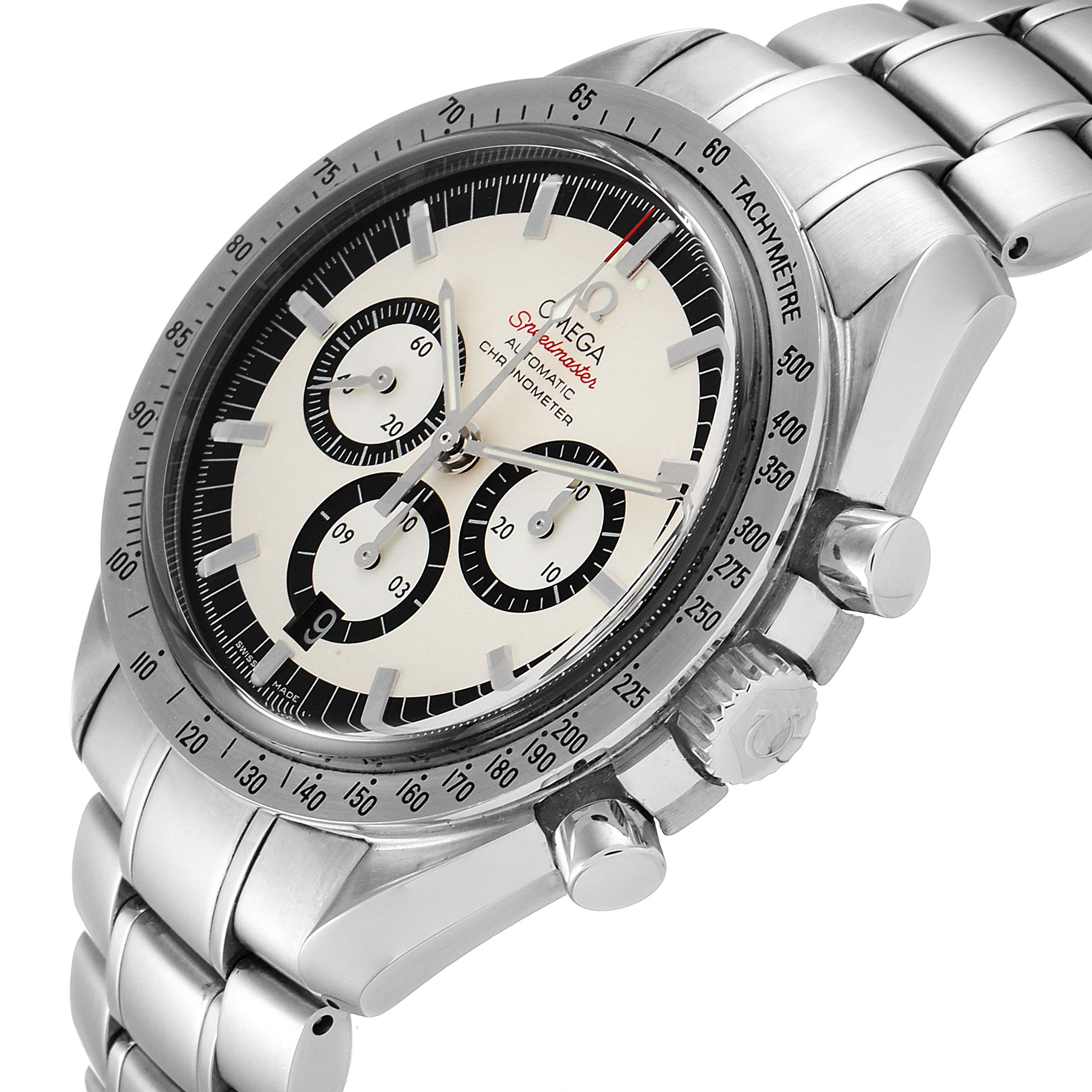 The Omega Speedmaster 3506.31.00 Men's Stainless Steel Silver Dial 3506.31.00 Men's Stainless Steel Silver Dial watch is shown at a three-quarter angle, displaying the face, crown, pushers, and metal bracelet.