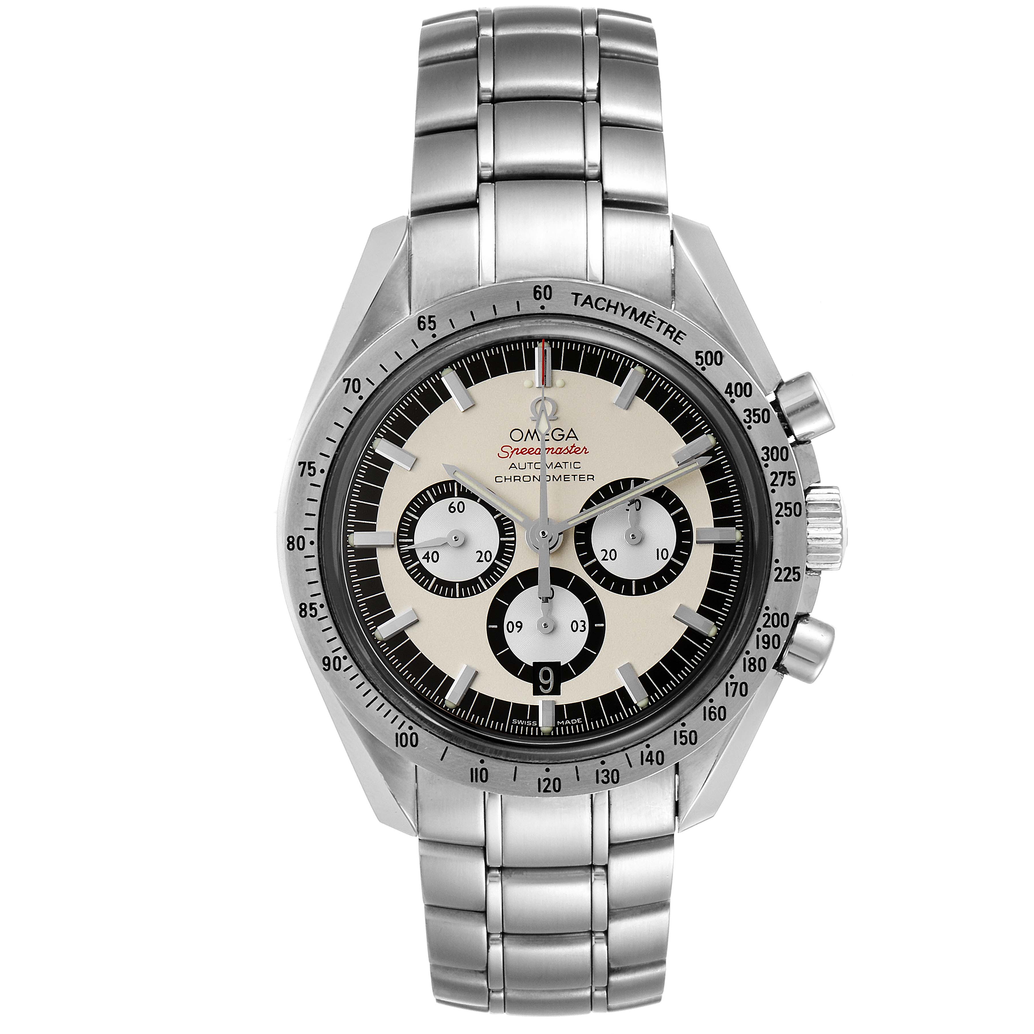 This image shows a frontal view of an Omega Speedmaster 3506.31.00 Men's Stainless Steel Silver Dial 3506.31.00 Men's Stainless Steel Silver Dial watch, highlighting the dial, bezel, and stainless steel bracelet.