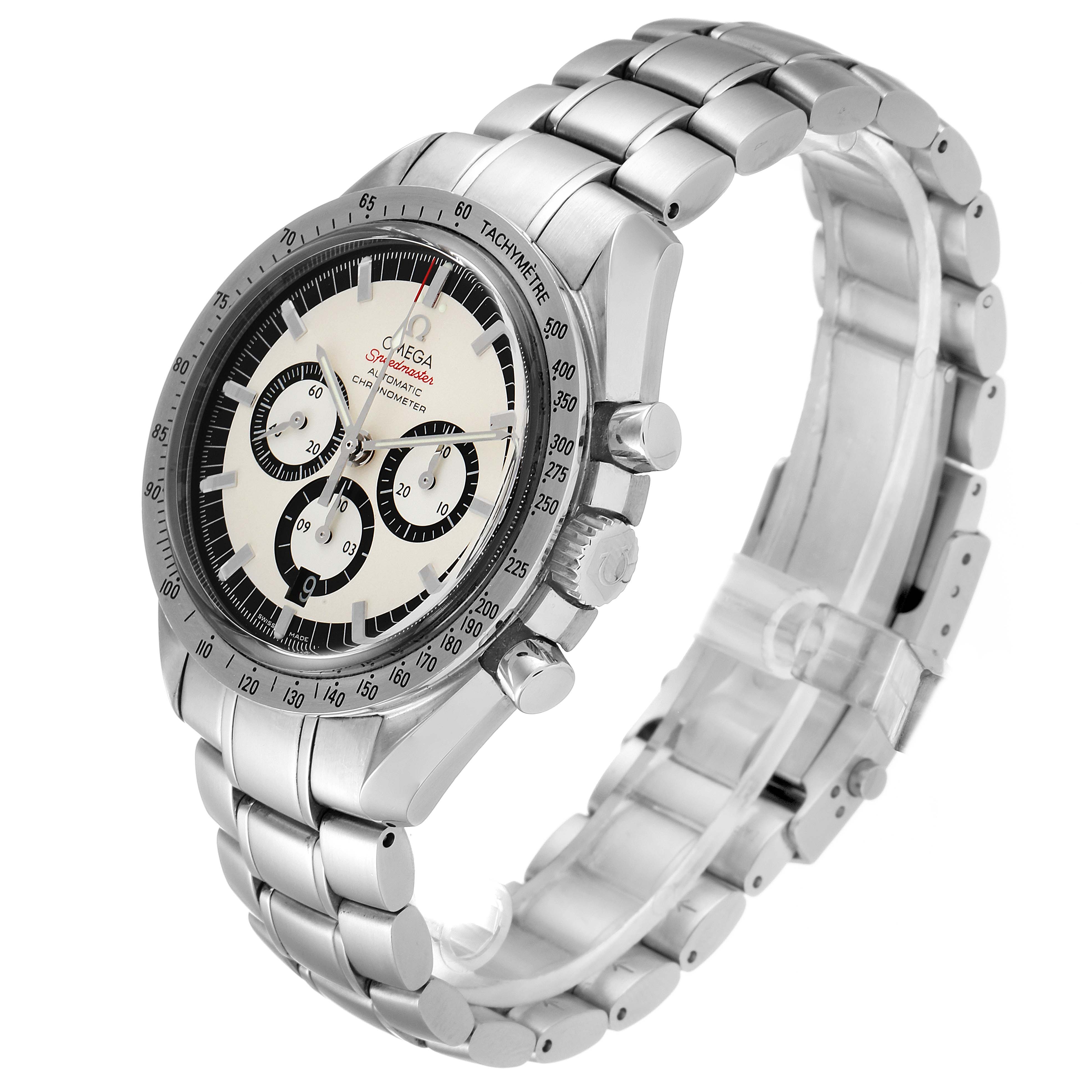 The image shows an Omega Speedmaster 3506.31.00 Men's Stainless Steel Silver Dial 3506.31.00 Men's Stainless Steel Silver Dial watch at a three-quarter angle, highlighting the face, bezel, pushers, and bracelet.