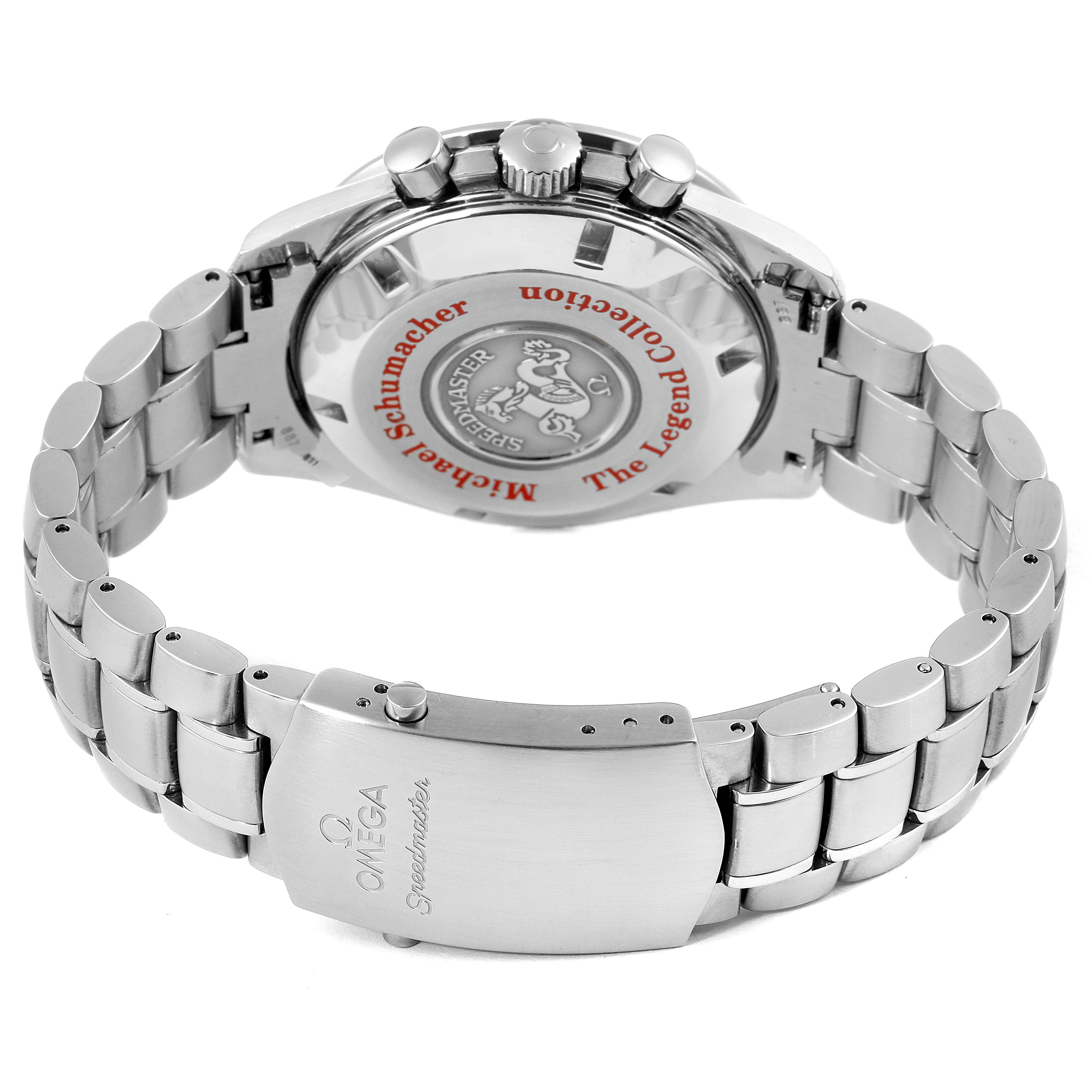 The image shows the back view of an Omega Speedmaster 3506.31.00 Men's Stainless Steel Silver Dial 3506.31.00 Men's Stainless Steel Silver Dial watch, focusing on the case back and metal bracelet with the clasp.