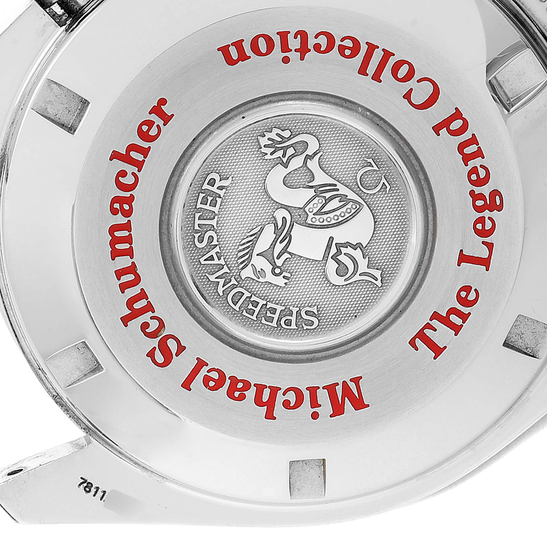 This image shows the case back of an Omega Speedmaster 3506.31.00 Men's Stainless Steel Silver Dial 3506.31.00 Men's Stainless Steel Silver Dial Michael Schumacher "The Legend Collection" watch.