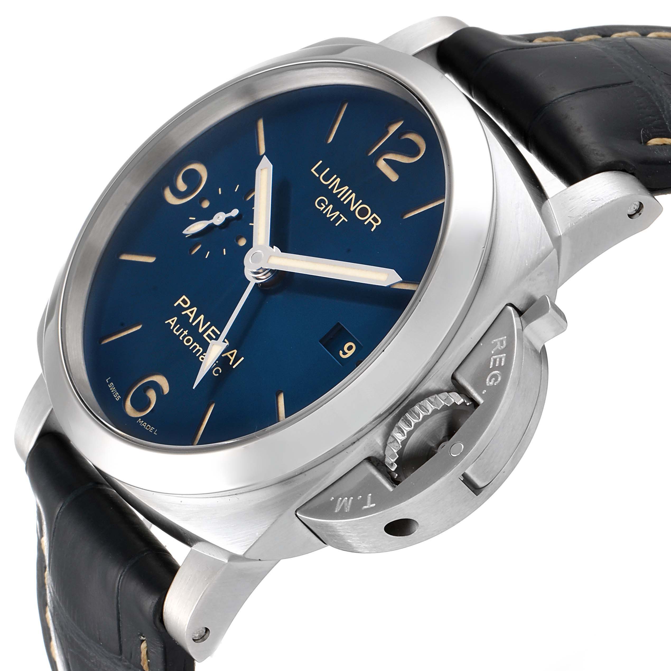 This image shows a Panerai Luminor PAM01033 Men's Stainless Steel Blue Dial PAM01033 Men's Stainless Steel Blue Dial GMT watch at a slight angle, highlighting the face, bezel, and the unique crown protector.