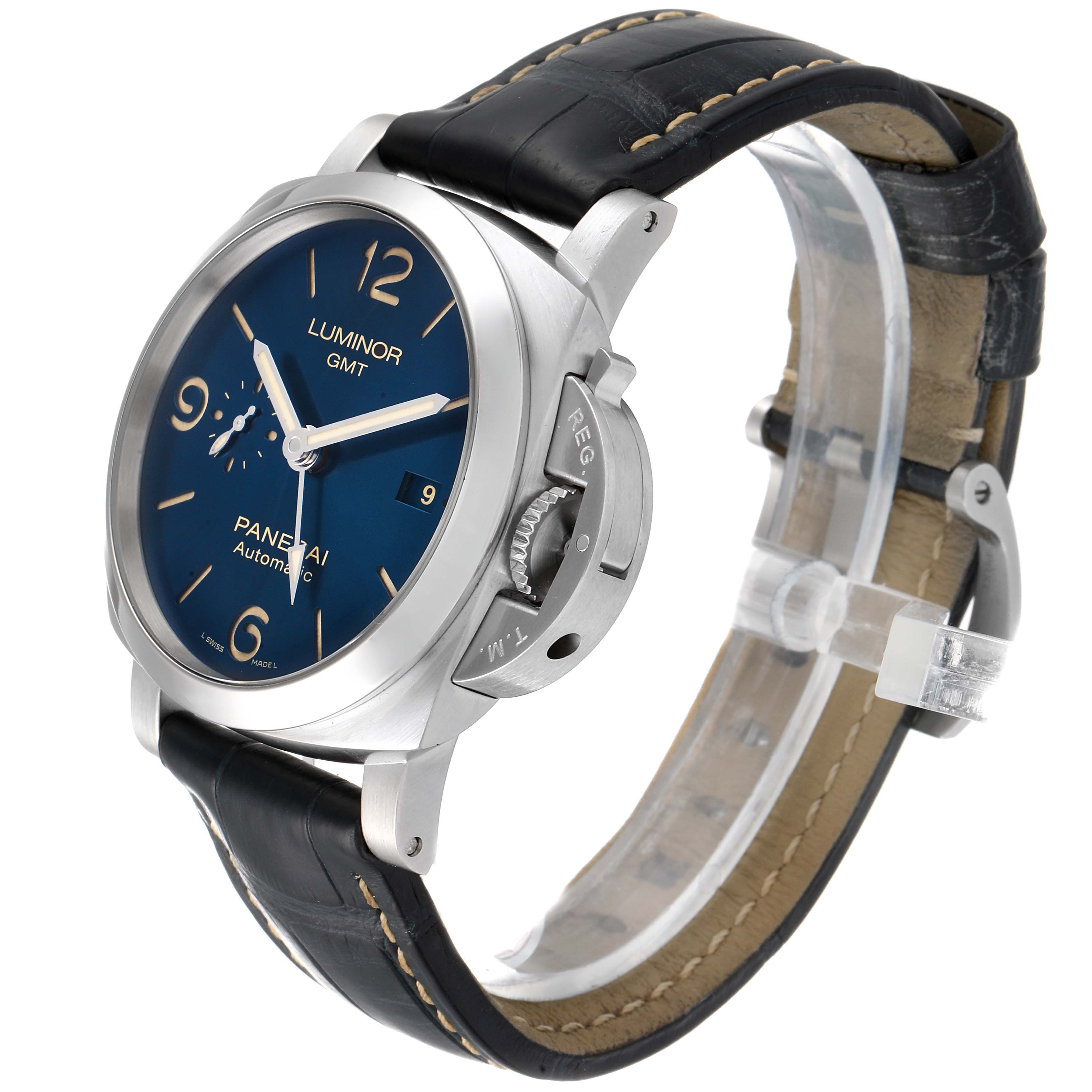 The image shows a side-angle view of the Panerai Luminor PAM01033 Men's Stainless Steel Blue Dial PAM01033 Men's Stainless Steel Blue Dial watch, highlighting its blue dial, black strap, and stainless steel case.