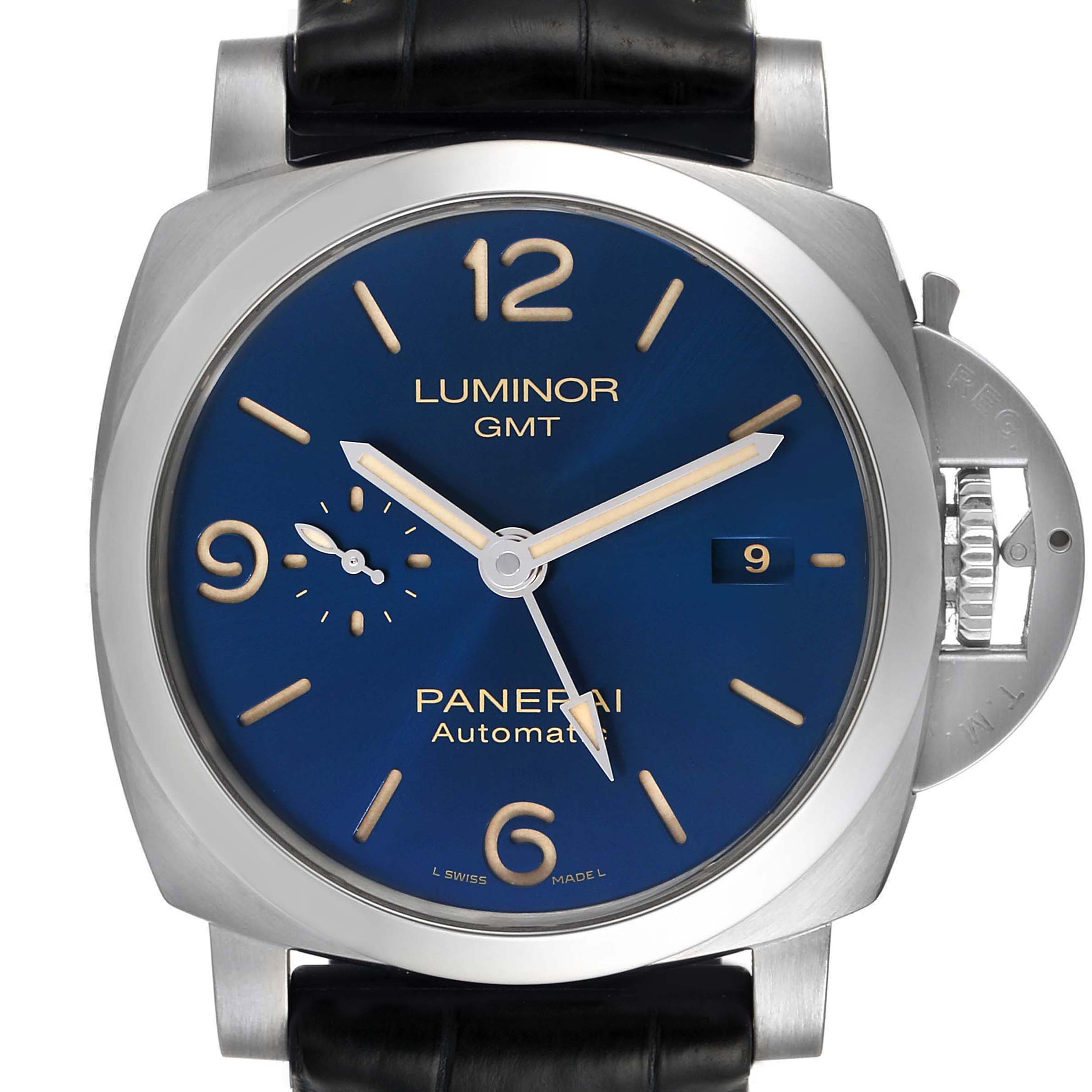 The image shows a front view of a Panerai Luminor PAM01033 Men's Stainless Steel Blue Dial PAM01033 Men's Stainless Steel Blue Dial GMT watch with a blue dial and black leather strap.