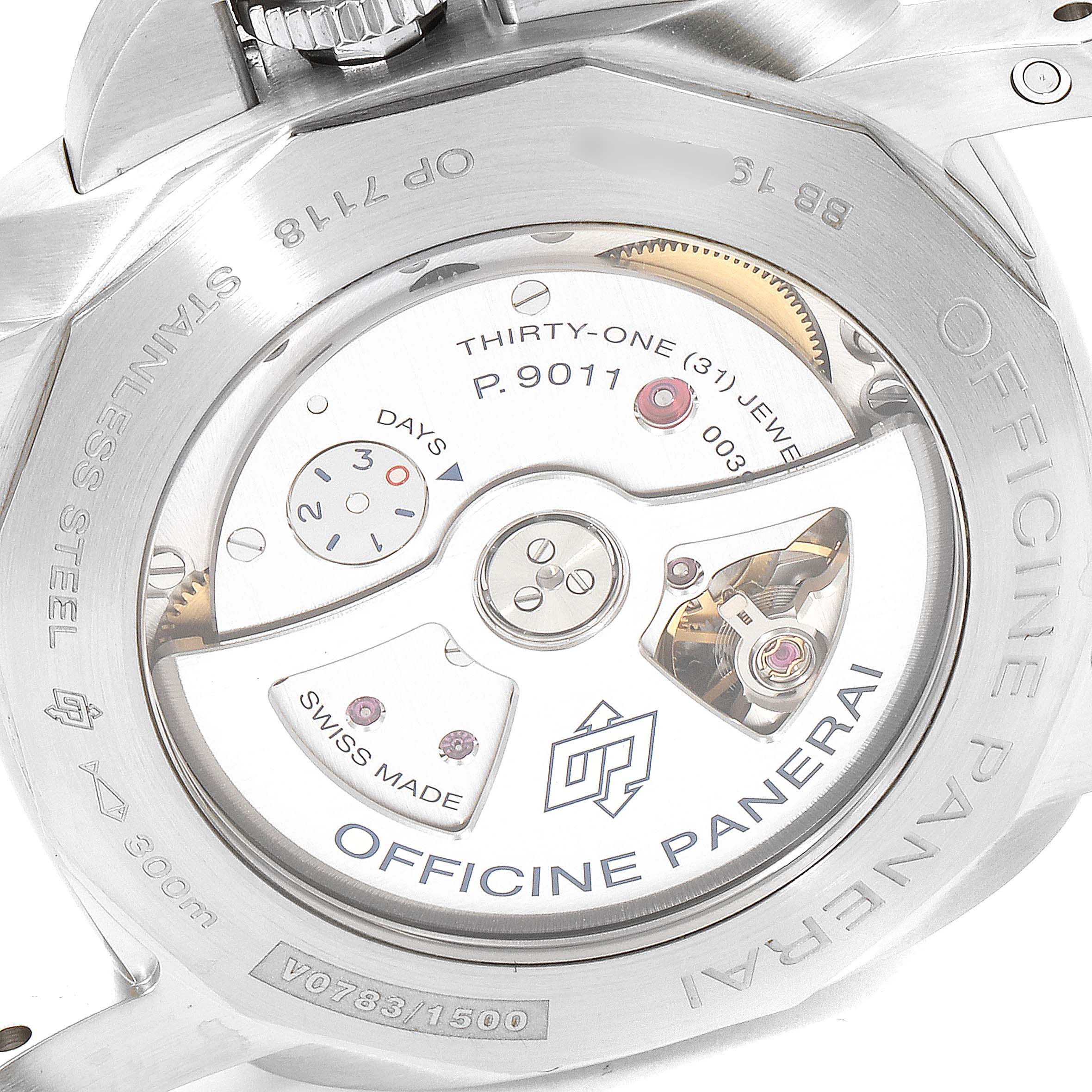 The image shows the back case and movement of a Panerai Luminor PAM01033 Men's Stainless Steel Blue Dial PAM01033 Men's Stainless Steel Blue Dial watch, model P.9011.