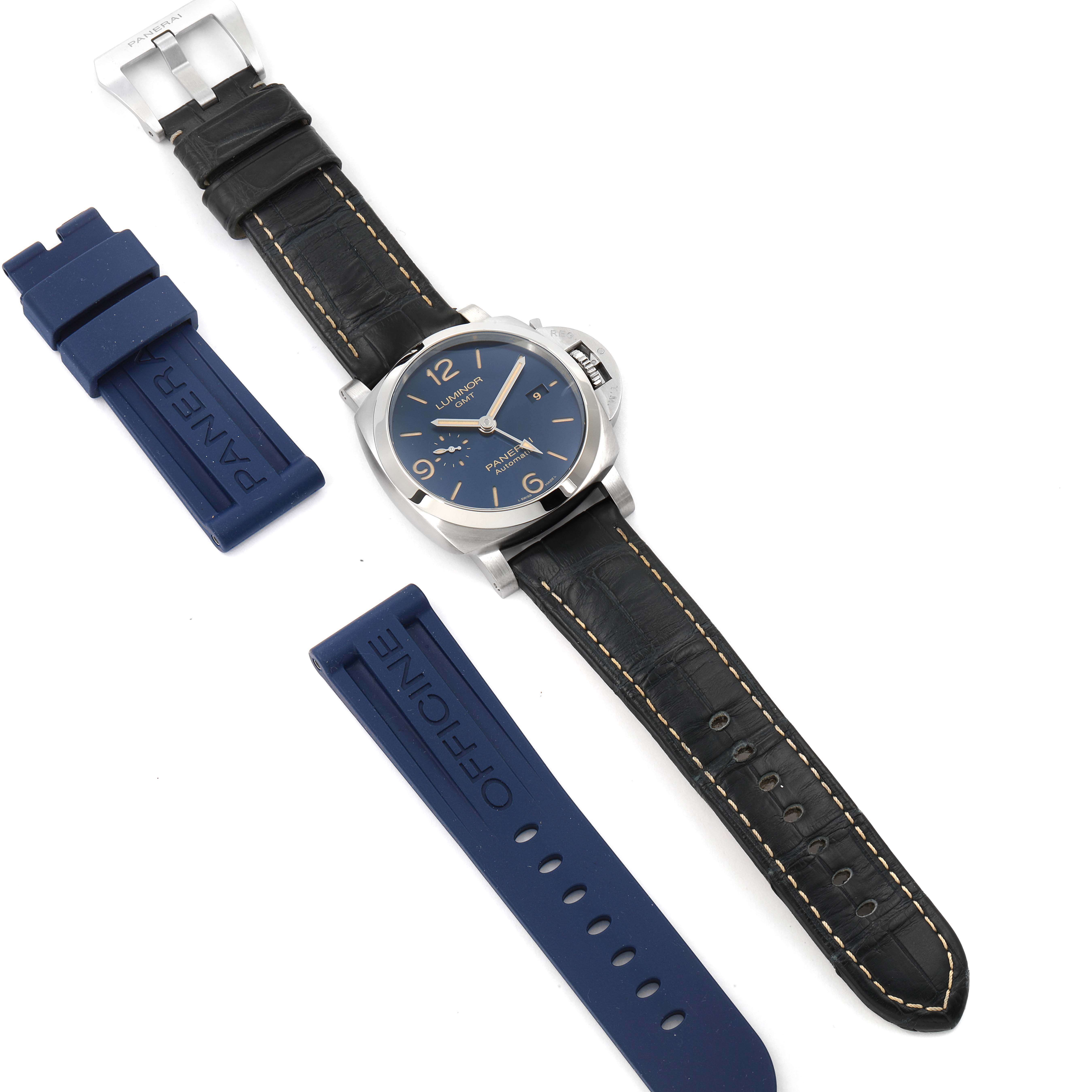 The image shows a Panerai Luminor PAM01033 Men's Stainless Steel Blue Dial PAM01033 Men's Stainless Steel Blue Dial watch with a black leather strap and two blue rubber strap options.