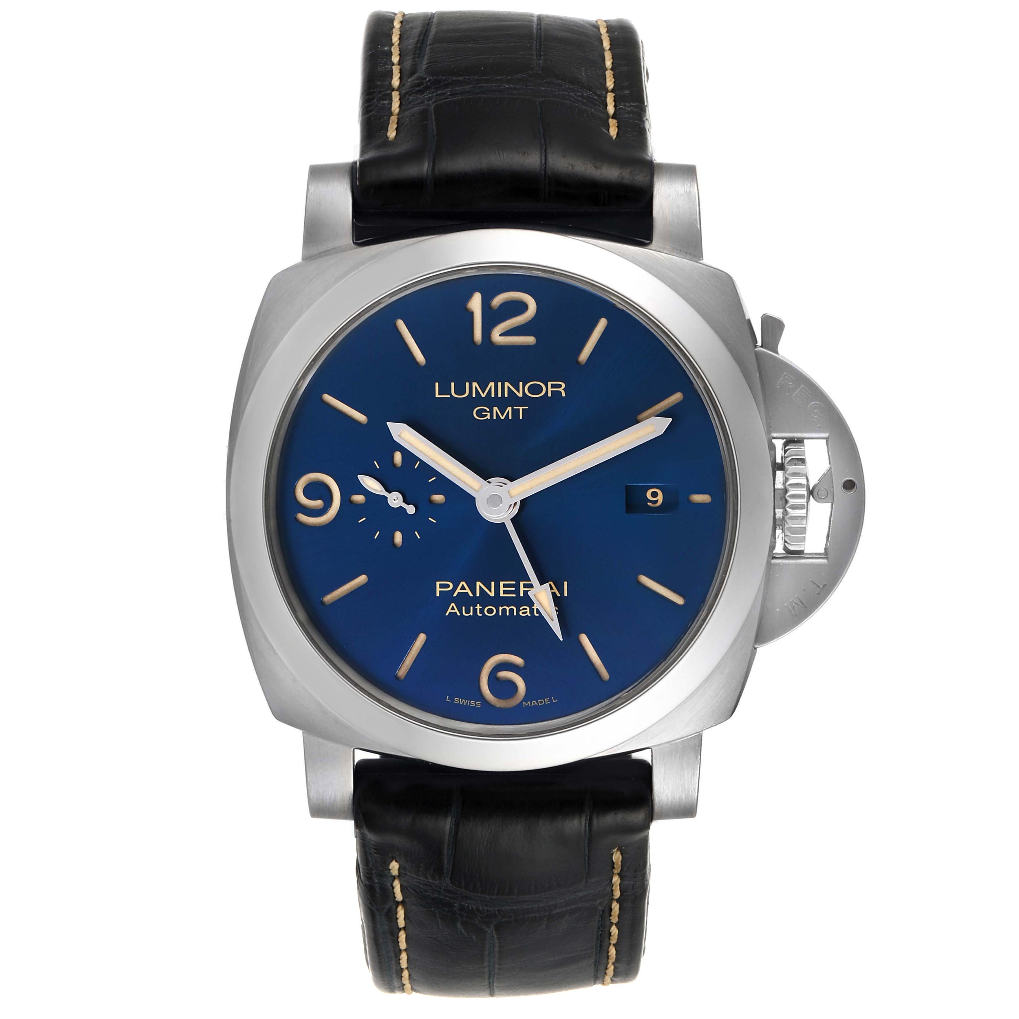 The image shows a front view of a Panerai Luminor PAM01033 Men's Stainless Steel Blue Dial PAM01033 Men's Stainless Steel Blue Dial GMT watch with a blue dial and black leather strap.