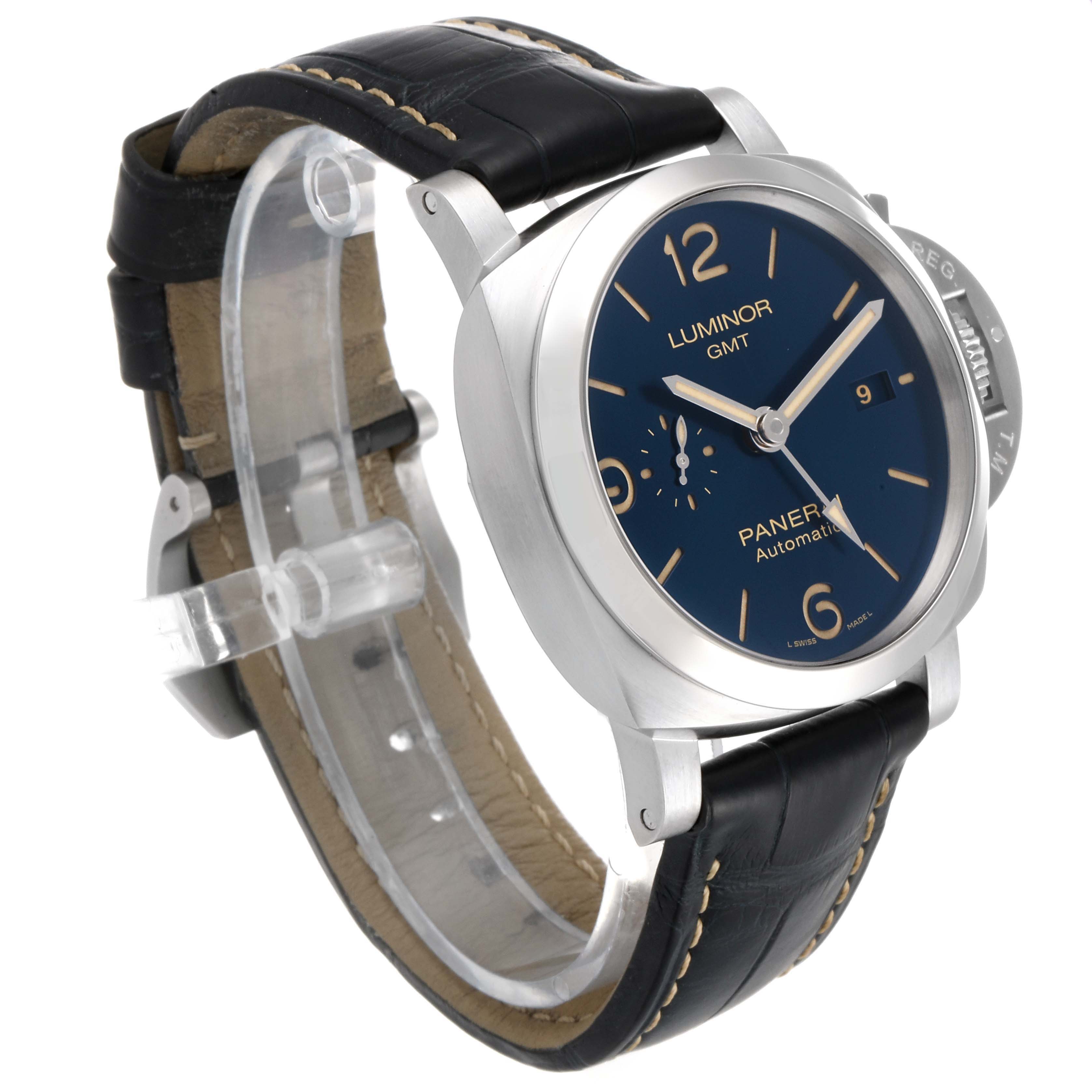 This Panerai Luminor PAM01033 Men's Stainless Steel Blue Dial PAM01033 Men's Stainless Steel Blue Dial watch is shown from an angled side view, displaying its watch face, dial, and leather strap.