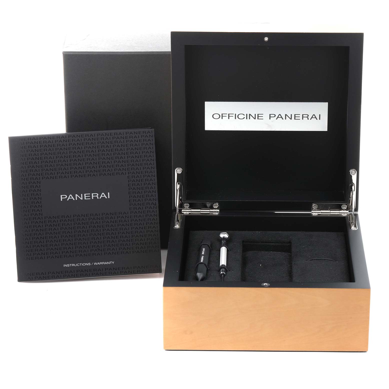 The image shows the box set for a Panerai Luminor PAM01033 Men's Stainless Steel Blue Dial PAM01033 Men's Stainless Steel Blue Dial watch, including tools, with the box open and the warranty booklet beside it.
